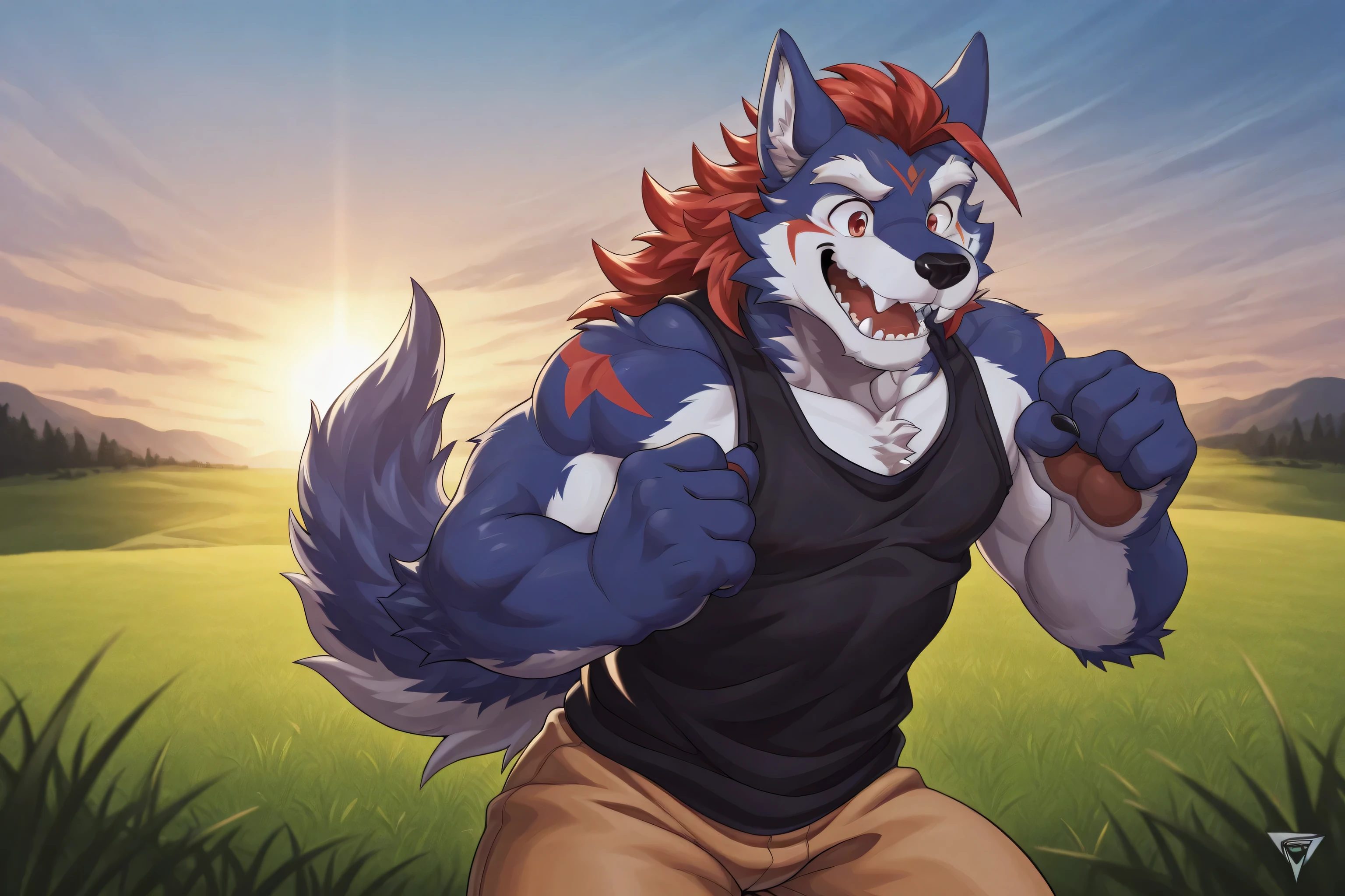 1boy, solo, wolf, (midnight blue fur), red hair, red eyes, white eyebrows, shota, young, open mouth, black tank top, cowboy shot, furry, bara, stand, green grassland, excited, morning, score_9, score_8_up, score_7_up