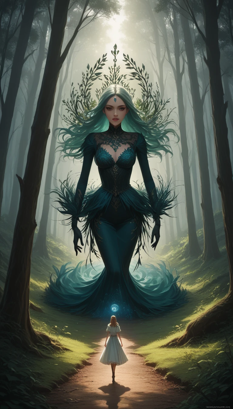 Dressed ((fur)) female alien, anthropomorphic avatar, three eyes, an eye in the middle of the forehead, cat ears, pointed beak, slender fingers, green flashing in the eyes, two hands, looking fierce, with a huge banyan tree, glittering, glowing plants in the background