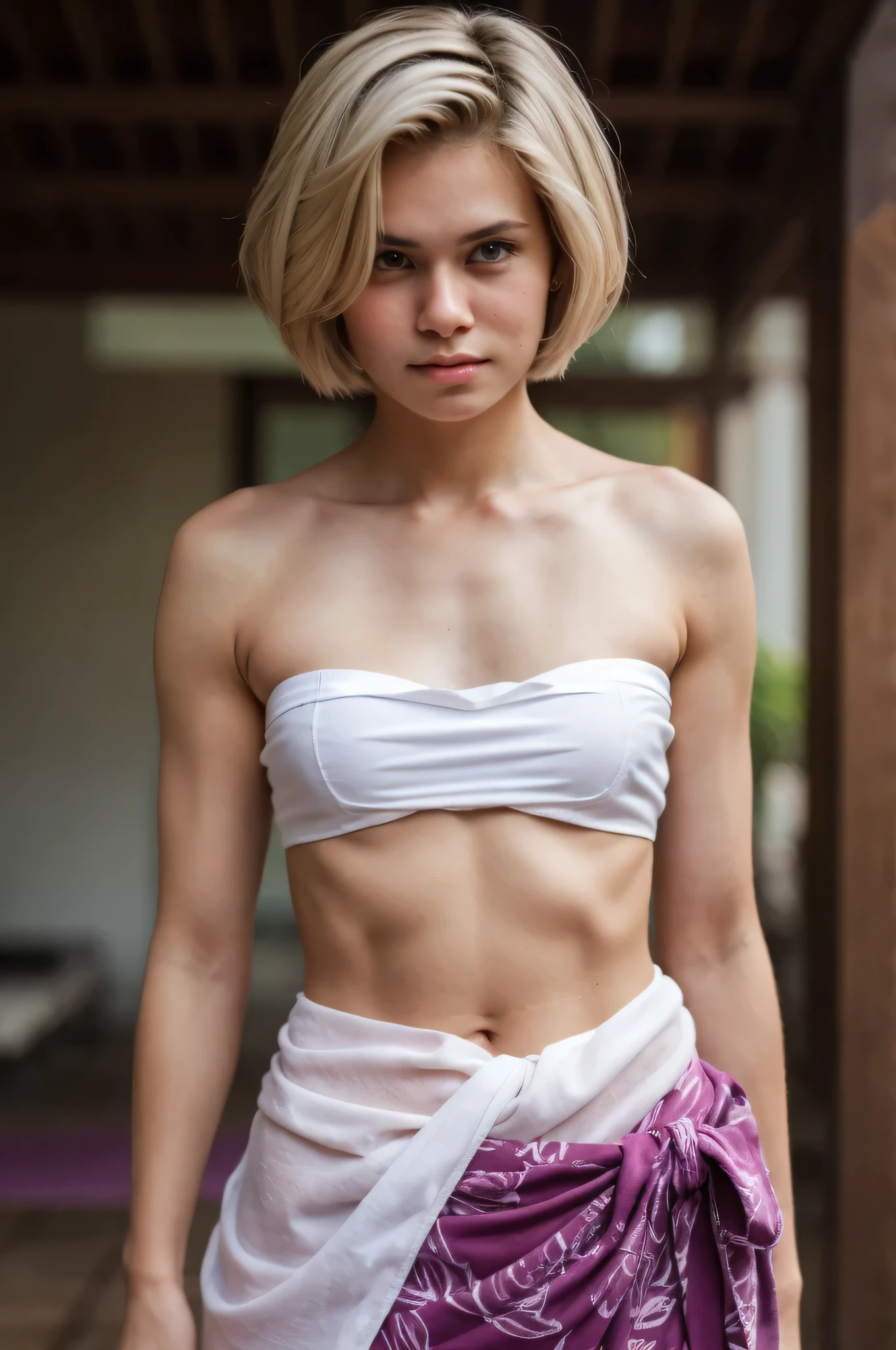 ((Femboy)), Shorthaircut Stylish, adorable, 1 femboy, (face to face), (sad face expression), half body portrait, (face details: 1), (eye details: 1), ((Tiny breasts)), Cute posed. proportional body. Ultra High Res. realistic: 1.4, UHD, (perfect sarong white strapless:1.2) (half body portrait:1.1) thong white