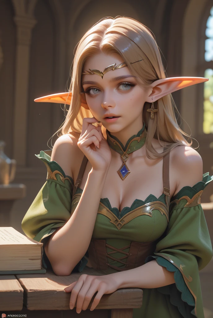 An elf slave girl sat on an archaic wooden chair, long blonde hair tightly curled,Pointy ears, green eyes, thin lips, round face, wearing worn out clothes, clothes looking old, large breasts (with cleavage), wide hips, stable full of hay on the floor