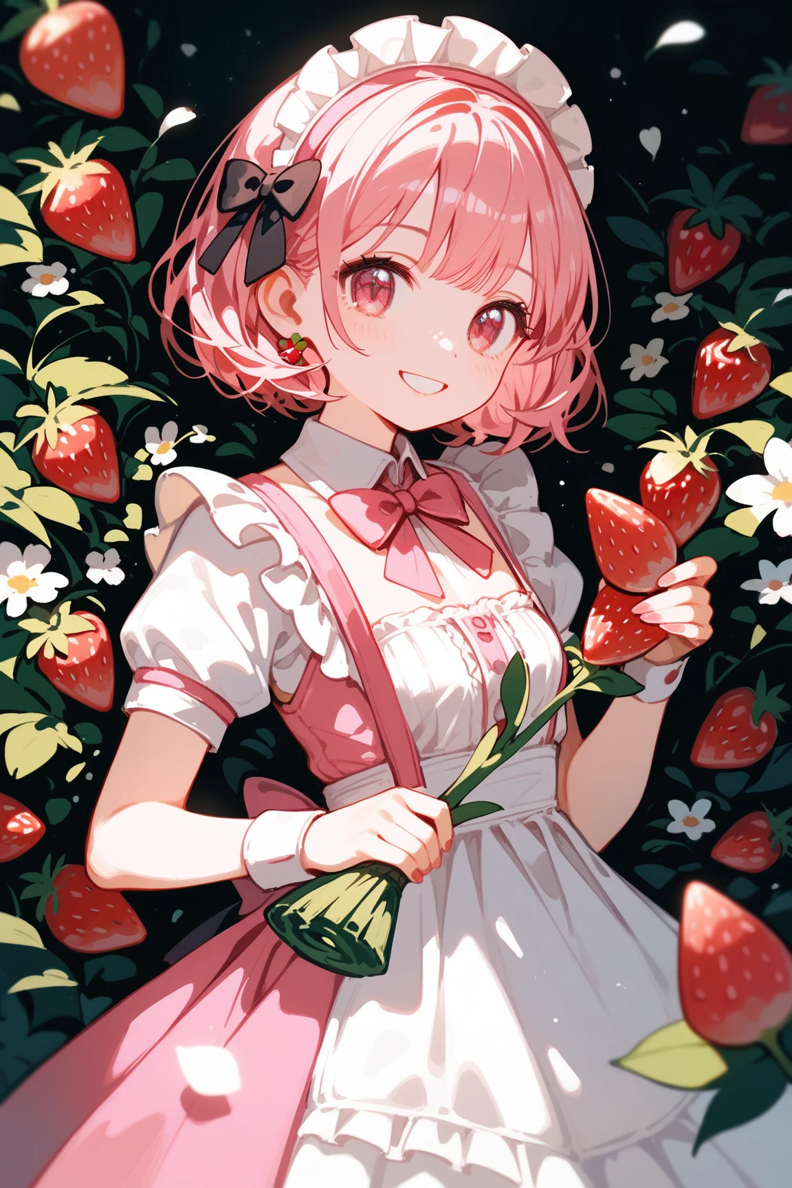 cheerful girl、pink hair、mysterious dance、mystery dance、strawberry、uniform、ribbon、Navel exposed