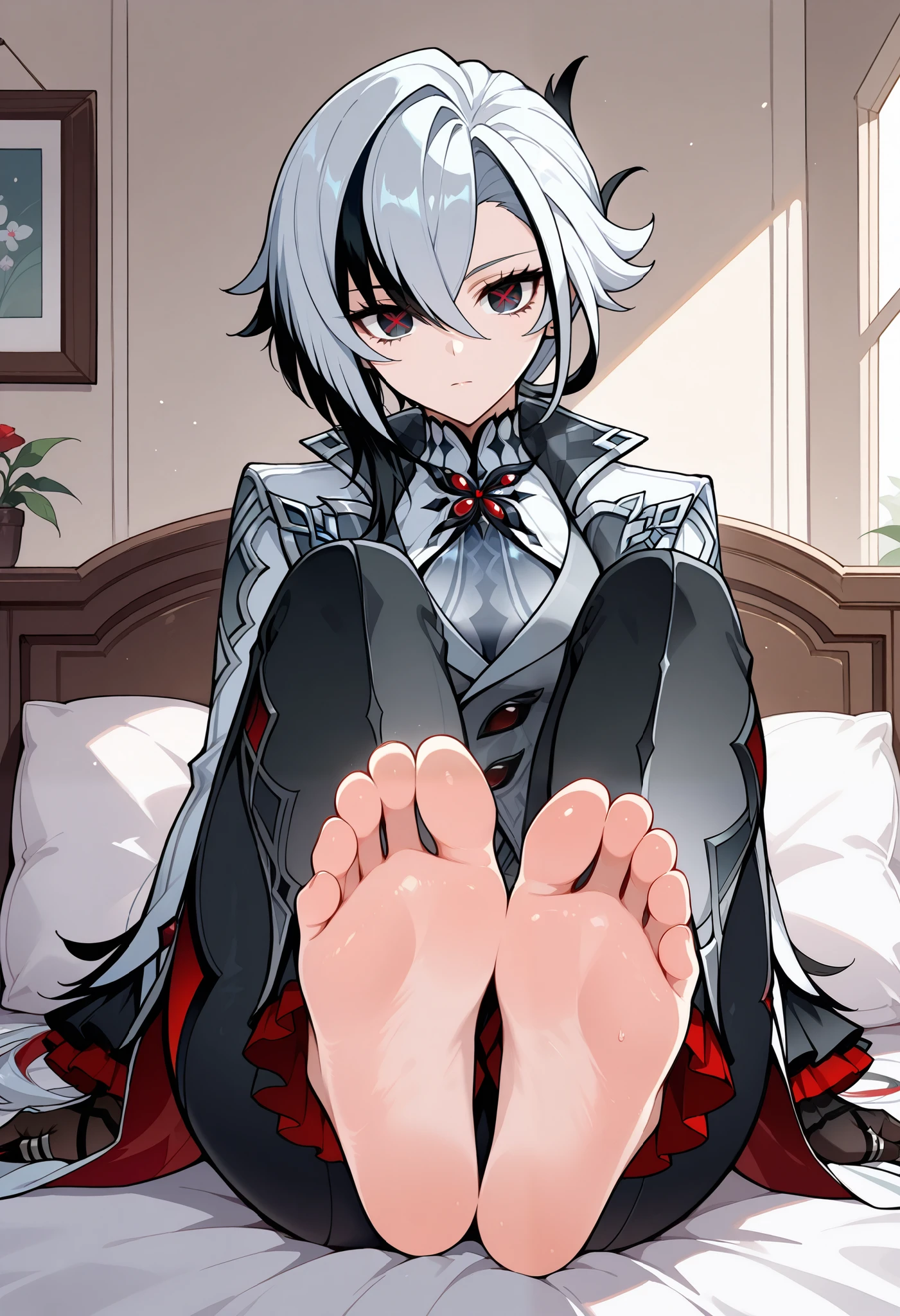 score_9 , score_8_up , score_7_up , 1girl , Arlecchino_\(genshin_impact\) , x-shaped pupils , white hair , black hair , black eyes , red pupils , arlesuit , medium breasts , 1girl , solo , pants , sitting , breasts , multicolored hair , black hair , gloves , black pants , looking at viewer , indoors , coat , white hair , symbol-shaped pupils , streaked hair , bangs , x-shaped pupils , white coat , full body, lying, bed sheet, on bed, barefoot, toes, soles, soles up, foot wrinkles, foot focus, intricate details, perfectly drawn foot, each foot has exactly five toes, foot focus, showing her soles to the viewer,