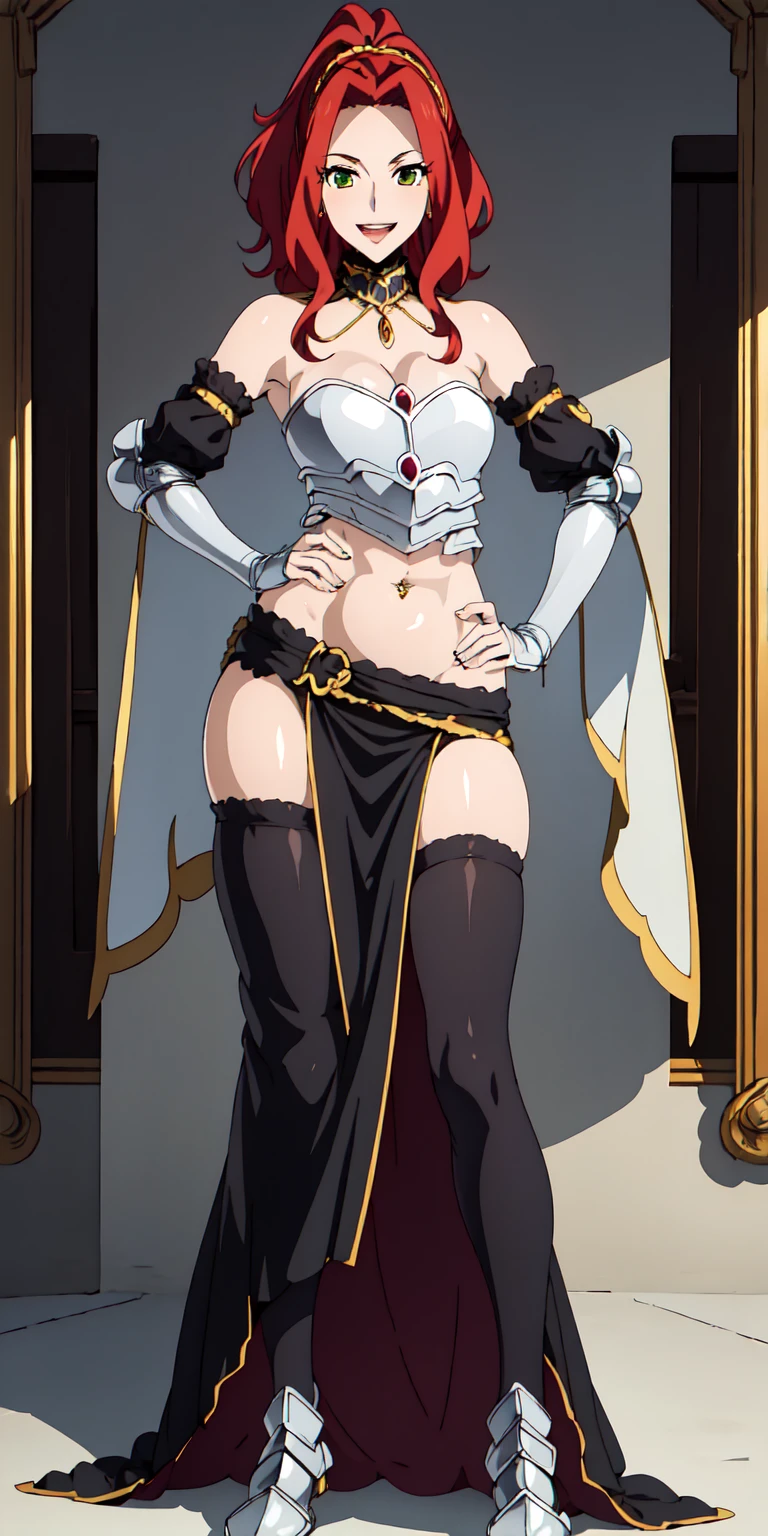 (((masterpiece,high resolution,best quality))), 1girl, solo,wine bottle,bare legs, large breasts, lying, on back, petals, looking at viewer, armpits, open mouth, solo, blush, wet clothes, heart, arms up, wet, bed sheet, origin, 1girl, red cape, boots, gloves, epaulettes, black corset, corset, black gloves, :d, black skirt, Pirotess, (yellow eyes), white hair, silver hair, very long hair, straight hair, solo, adult woman, tall, slightly muscular, large breasted, cleavage, constricted waist, Toned body, slight abs, thin dark skin, pointy ears, lipstick, makeup, black eyeshadow, circlet, white short dress, jewelry, bracelet, white gloves, thigh boots