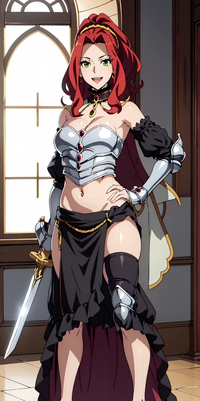"(masterpiece:1.1), best quality,
1girl, (80s anime style:1.4), (eyelashes:1.5),(loli:1.2),
(intricate high detailed body:1.2),
red hair,
(forehead:1.2), short blunt bangs, (long hair:1.1), (nun wimple:1.2),
red eyes, (thick eyebrows:1.1),
(pale skin:1.3), (huge breasts:1.1),
grin,
(silver embroidery bikini armor:1.2), (garter belt:1.1),
(knight armor, armored boots:1.2), (flower brooch:1.1), (accessories:1.1), neckwear,
standing,
(full body, looking at viewer, from front:1.1),
(daytime, grassland, outdoors:1.1)"