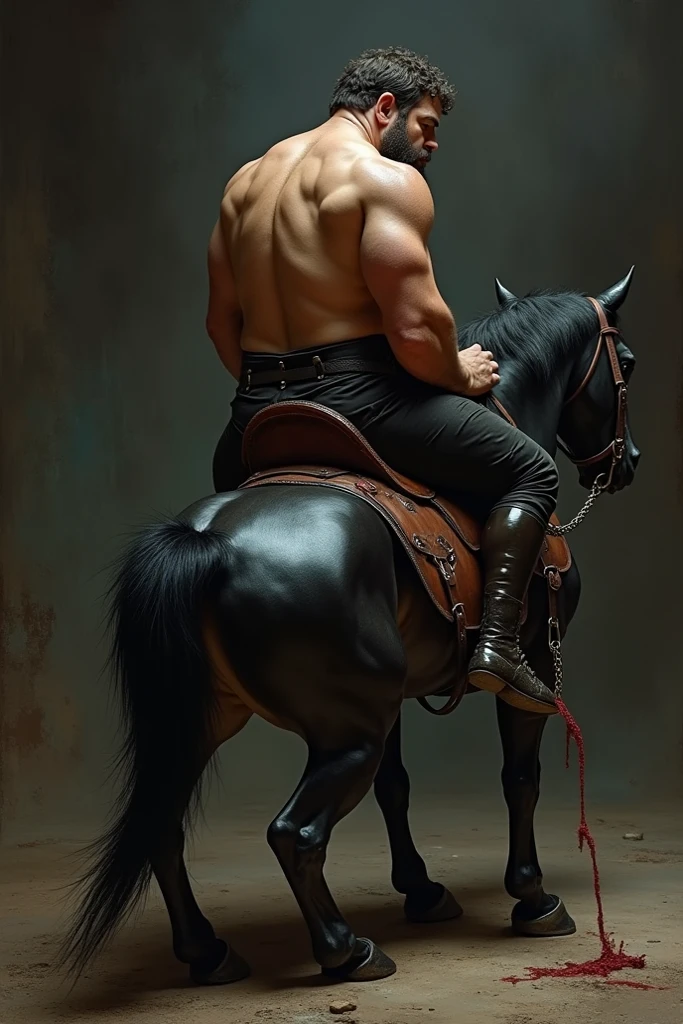 Black and white fashion photo of tall blonde undressed nude guy riding black horse. black leather boots only, bare skin