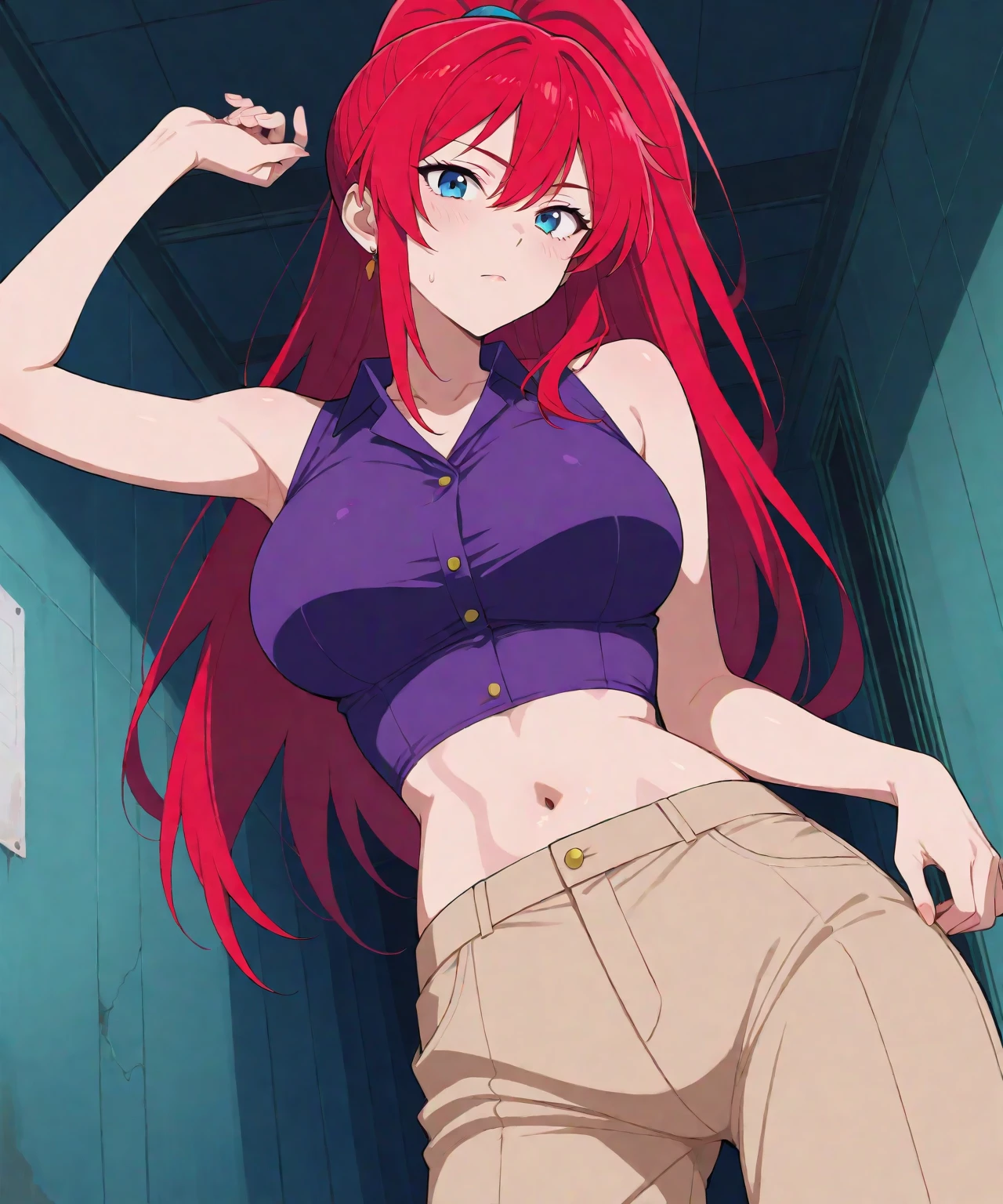 Masterpiece, best quality, Masterpiece, best quality, 1 woman, wavy red hair, sly face , black tank top, black , big breyour hands on your hips.... , Barefoot , convenience store
