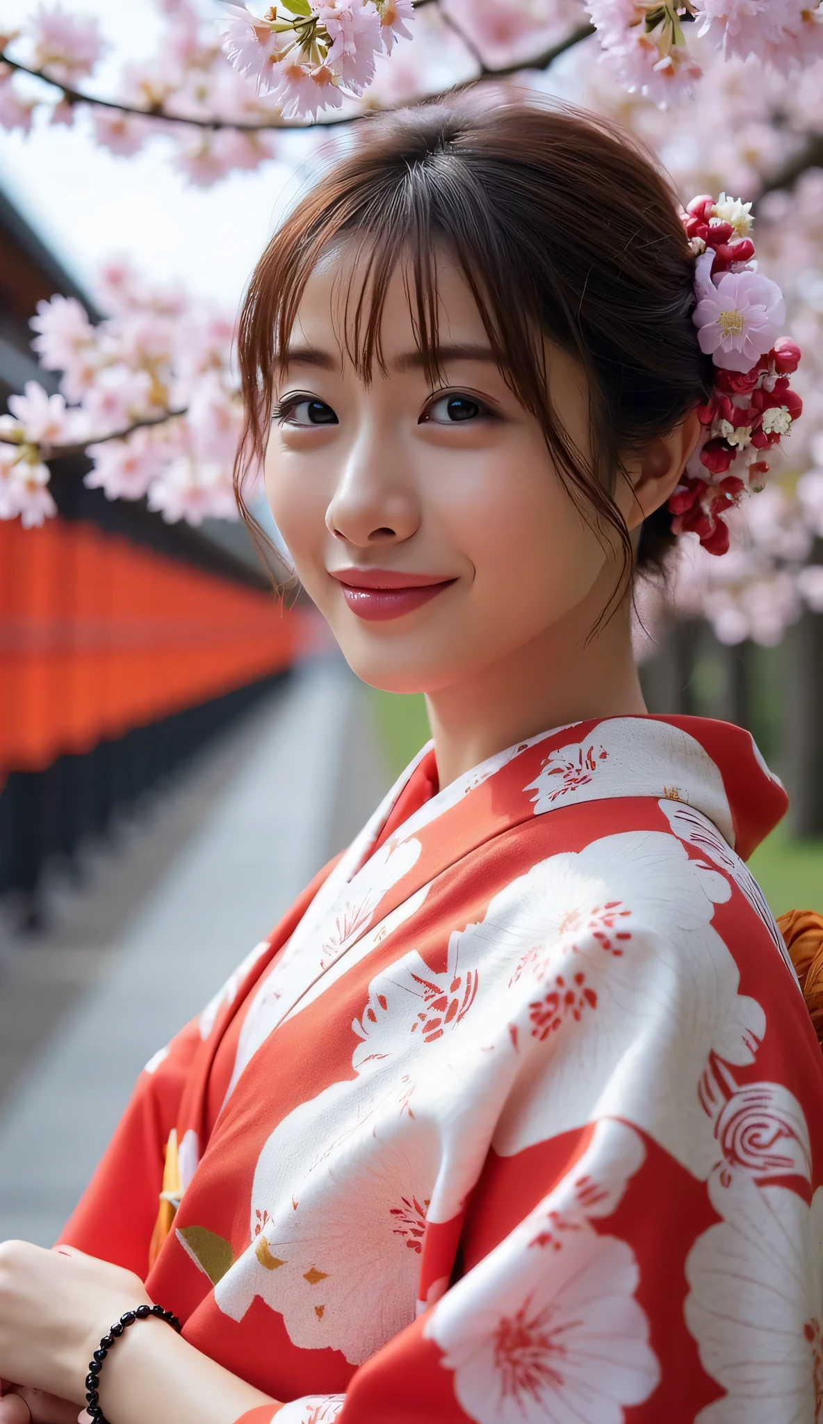 Utamaro's Ukiyo-e 、Beautiful Ukiyo-e composition、HD、4K、8k、16k、Woman 1、super high resolution、detailed description、A kimono with a bright white floral pattern that looks like art、(川沿いのライトupされた鮮やかな桜を見ている)、A work like the culmination of Ukiyo-e、 color difference、bewitching beautiful woman in beautiful Ukiyo-e、high image quality、 facial features 、((Spectacular natural scenery))、score_9, score_8_up, score_7_up,high res photos, masterpiece, best quality work, great quality, very detailed, Complicated Details, sharp detail、Focus on Your FACE, perfect hands, perfect anatomy, detail hand , detailed finger,Japanese、Outdoors、、髪はup、It goes well with kimonos、((A beautiful night view of cherry blossom trees in full bloom along the riverside lined with red lanterns))、((赤い灯篭が並ぶ川沿いにライトアップされた満開の美しい桜並木の夜景))、桜の花びらが舞っている