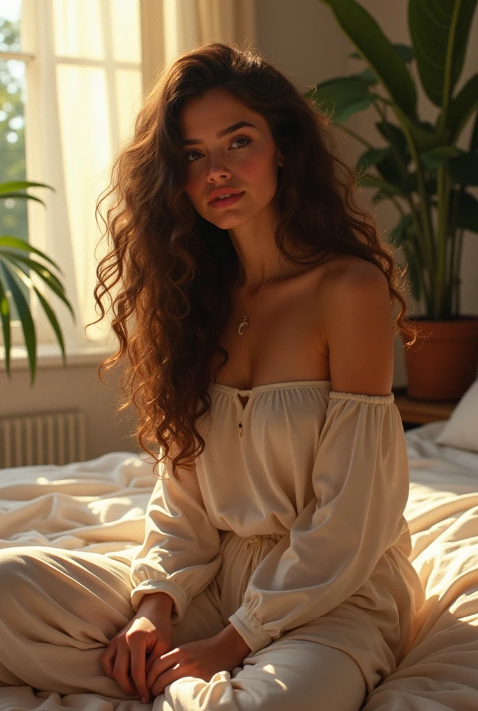 (photorealism:1.2), beautiful woman, sitting on bed, wearing loose off-shoulder top, pajama pants, long curly hair, indoors, soft lighting, plants in background, window with sunlight, cozy room, relaxed pose, realistic, intricate details, warm colors, by Greg Rutkowski, by Alphonse Mucha