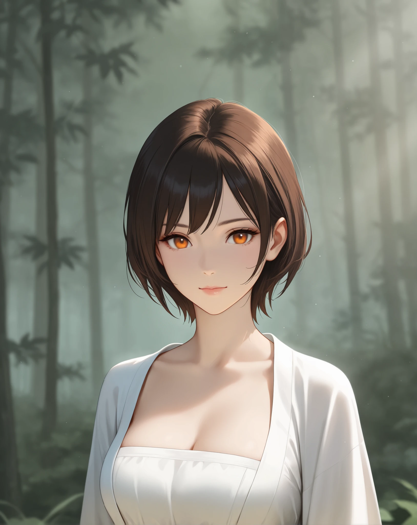 Masterpiece, high resolution, the best quality, newer, safe. beautiful, anime, Japanese girl. Delicate Traits. dark brown hair and short hair. orange eyes , fair skin, Medium , slim body. He is 20 years old, She measures 1'59 cm , wearing a traditional white Hanfu not daring. looking at the spectator, Alone, HD quality, Best detail.