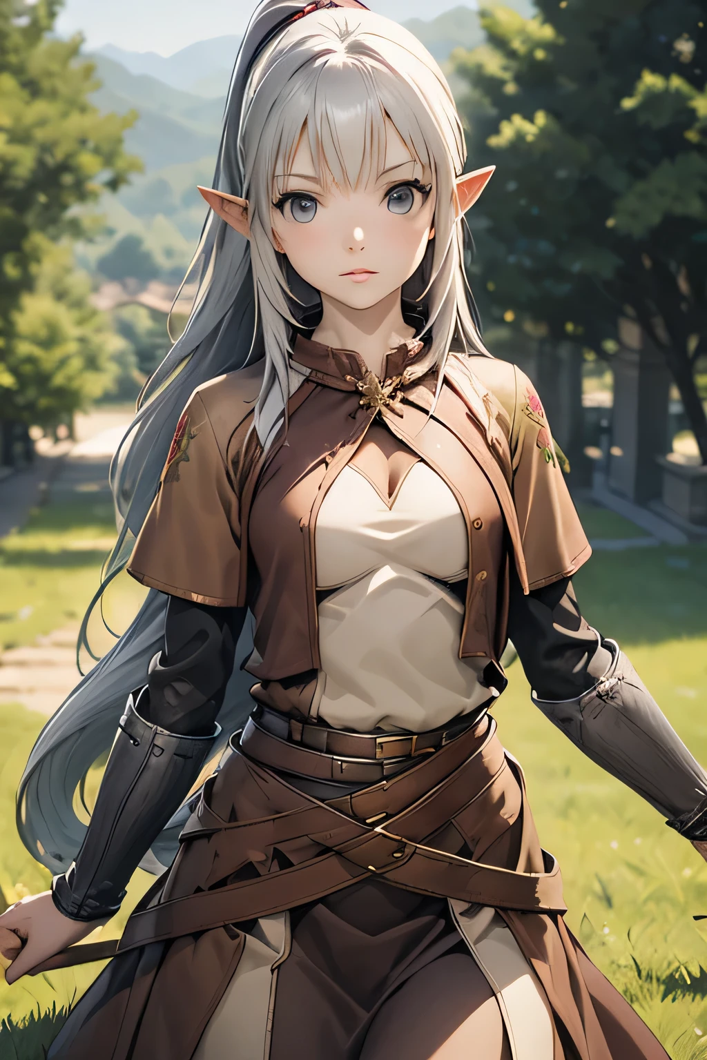 1girl, long hair, medium breasts, looking at viewer, ponytail, white hair, parted lips, solo focus, pointy ears, belt, grey eyes, elf, pauldrons