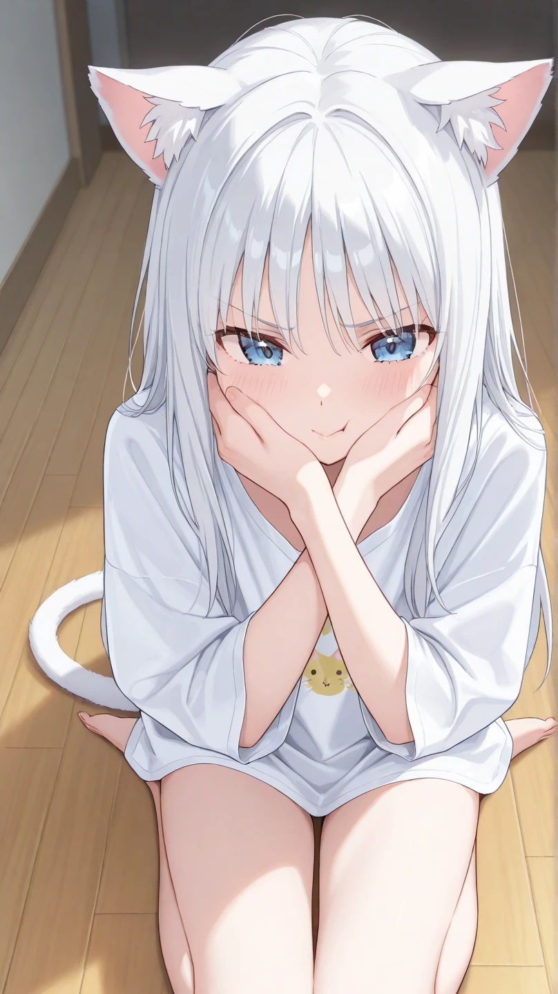 A white-haired girl with cat ears and tail, wearing a large - SeaArt AI