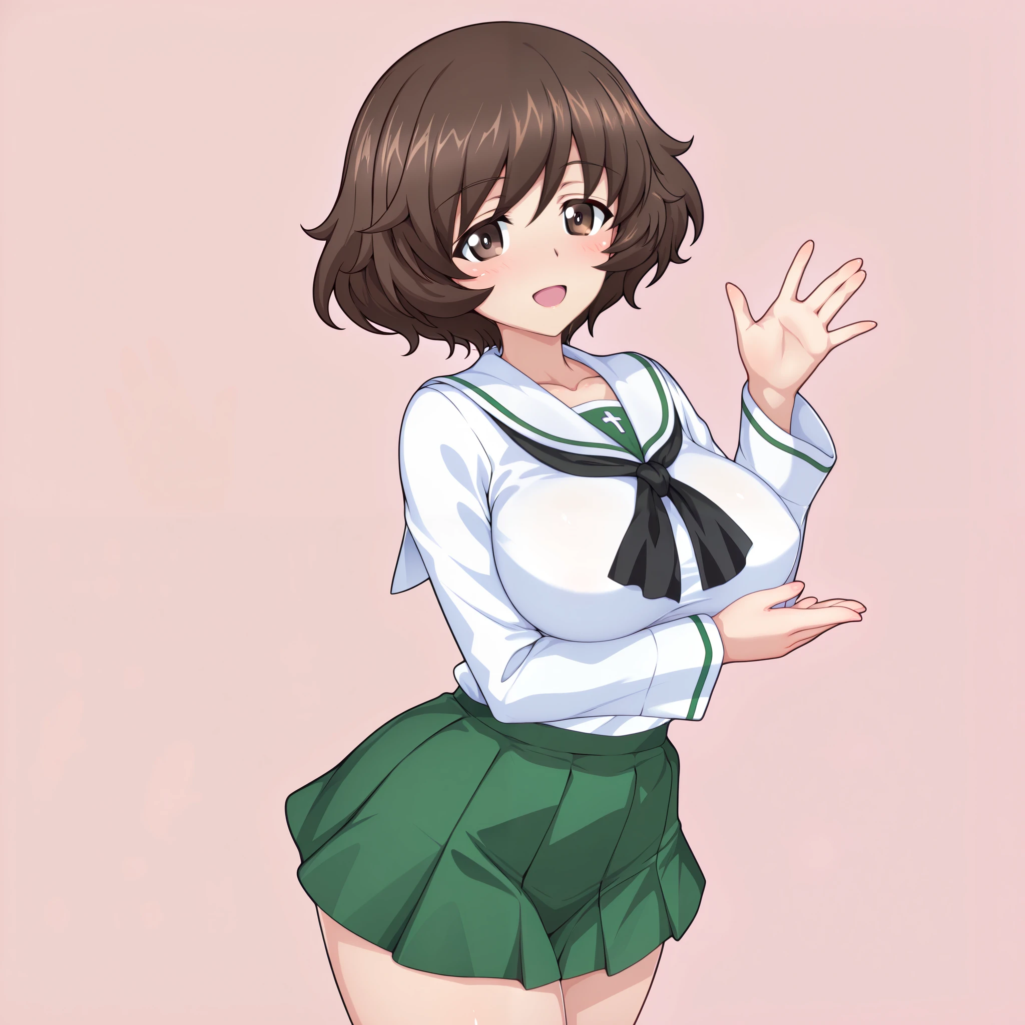 SFW, 8k, 3d , Masterpiece, very aesthetic, elegant mature woman, Akiyama Yukari (girl und panzer), oarai school uniform (white), concreate static backgrounds, looking at viewer, waving hands gesture, sexy fingers,