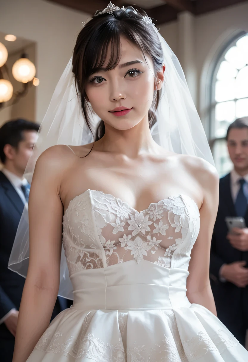 Young girl in wedding dress and updo, Off-shoulder neckline, and a long veil. her face is young and innocent, Looks like a . She looks at the camera with a playful expression. Detailed artwork with vivid illustrations, Realistic colors, Capture every detail. The medium of digital painting, Guaranteed best quality and high resolution (4K or 8K). soft and romantic lighting, creating a dream-like atmosphere. The overall color is warm and gentle................, Highlight the joy and beauty of your wedding scene.frontage、full body Esbian、A smile
