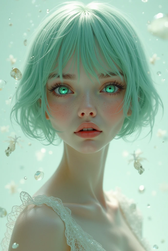 editorial photography,super detailed background,Super realistic,double exposure,depth of field,beauty skinny vibes,soft focus tone,narrative scene,open lips,Super short straight hairstyle,mermaid,