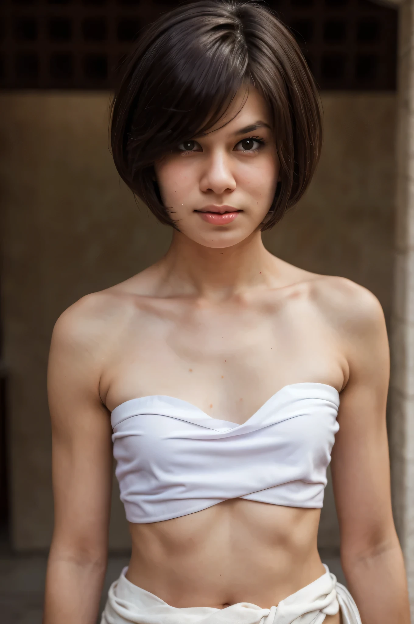 ((Femboy)), Shorthaircut Stylish, adorable, 1 femboy, (face to face), (sad face expression), half body portrait, (face details: 1), (eye details: 1), ((Tiny breasts)), Cute posed. proportional body. Ultra High Res. realistic: 1.4, UHD, (perfect sarong white strapless:1.3) (half body portrait:1.1) thong white 