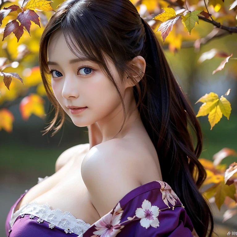 (Bra is visible:1.5)、(Nipples are visible:1.5)、(masutepiece:1.3, Photorealsitic:1.4, 8K), top-quality, ​masterpiece, 超A high resolution, Professional camera work, Grow Light Effect, Realistic portrait, Cinematic Light, Highly detailed skin and facial texture:1.3, Perfect dynamic composition, The ultra-detailed, A detailed eye, Detailed limbs, autumnal, Autumn leaves landscape in the evening:1.2, 1girl in, Cute sexy 23 year old slim woman, Fair skin, Autumn leaves are dancing:1.2, (Enraptured look:0.9, Totally captivates you:1.0), (Backshots, Calm pose), (Colorful kimono:1.31 off shoulder), (voluptuous breasts:0.9), (Beautiful blue eyes, Eyes that feel beautiful eros:0.85), Sexy face:0.4, (A mouthfeel that feels beautiful eros:0.85), ((Too cute beauty:0.9))、大きい胸、