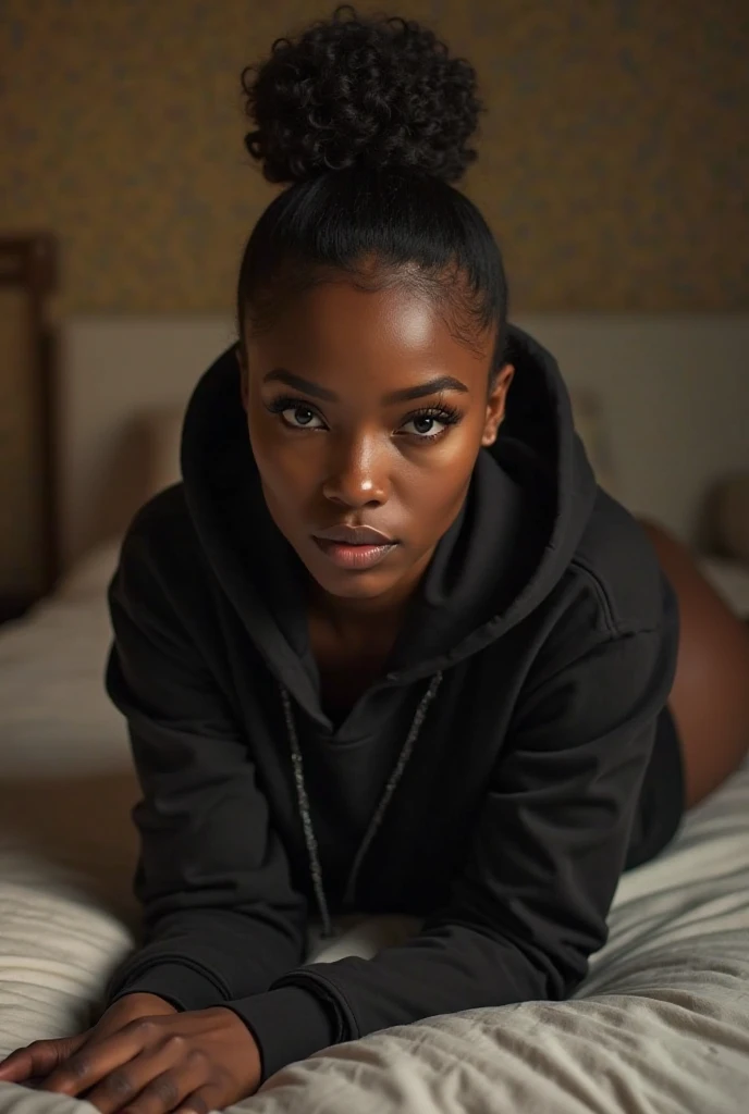 a beautiful black woman with her hair in a bun, wearing a black hoodie and black leather shorts, laying on her belly on a bed, backside view, camera positioned between her legs, extremely detailed, high quality, photorealistic, 8k, best quality, masterpiece, detailed facial features, beautiful eyes, nose, and lips, realistic skin texture, dramatic lighting, cinematic composition