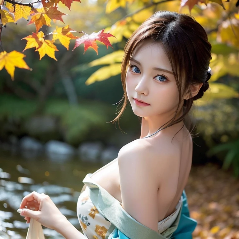 (masutepiece:1.3, Photorealsitic:1.4, 8K), top-quality, masterpiece, 超A high resolution, Perfect dynamic composition, Professional camera work, Grow Light Effect, Highly detailed skin and facial texture:1.3, A detailed eye, Detailed limbs, autumnal, Lit up, Autumn foliage scenery:1.2, 1girl in, Cute sexy 23 year old slim woman, Fair skin, Autumn leaves are dancing:1.2, (Enraptured look:0.9, Totally captivates you:1.0), (Red kimono:1.35, Only the shoulders are exposed), (voluptuous breasts:0.9), (Facing the front, randome pose), (Beautiful blue eyes, Eyes that feel beautiful eros:0.85), Sexy face:0.4, (A mouthfeel that feels beautiful eros:0.85), ((Too cute beauty:0.9))