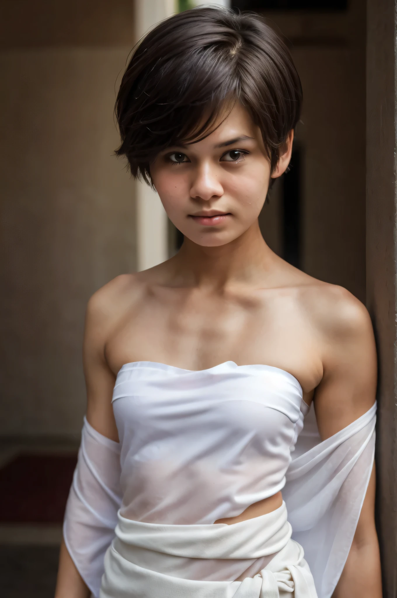 ((Femboy)), Shorthaircut Stylish, adorable, 1 femboy, (face to face), (sad face expression), half body portrait, (face details: 1), (eye details: 1), ((Tiny breasts)), Cute posed. proportional body. Ultra High Res. realistic: 1.4, UHD, (perfect sarong white strapless:1.3) (half body portrait:1.1) thong white