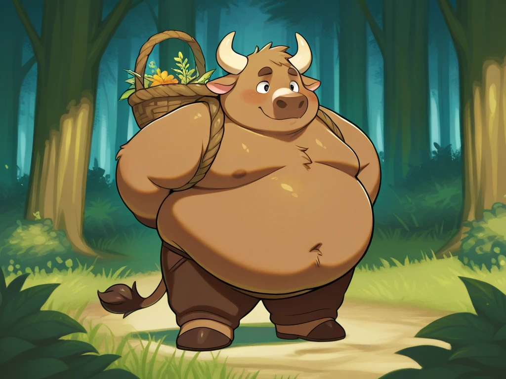 A male chubby muscular anthropomorphic cow a wearing skimppy sleavless tunic, boots, and gloves, in a forest