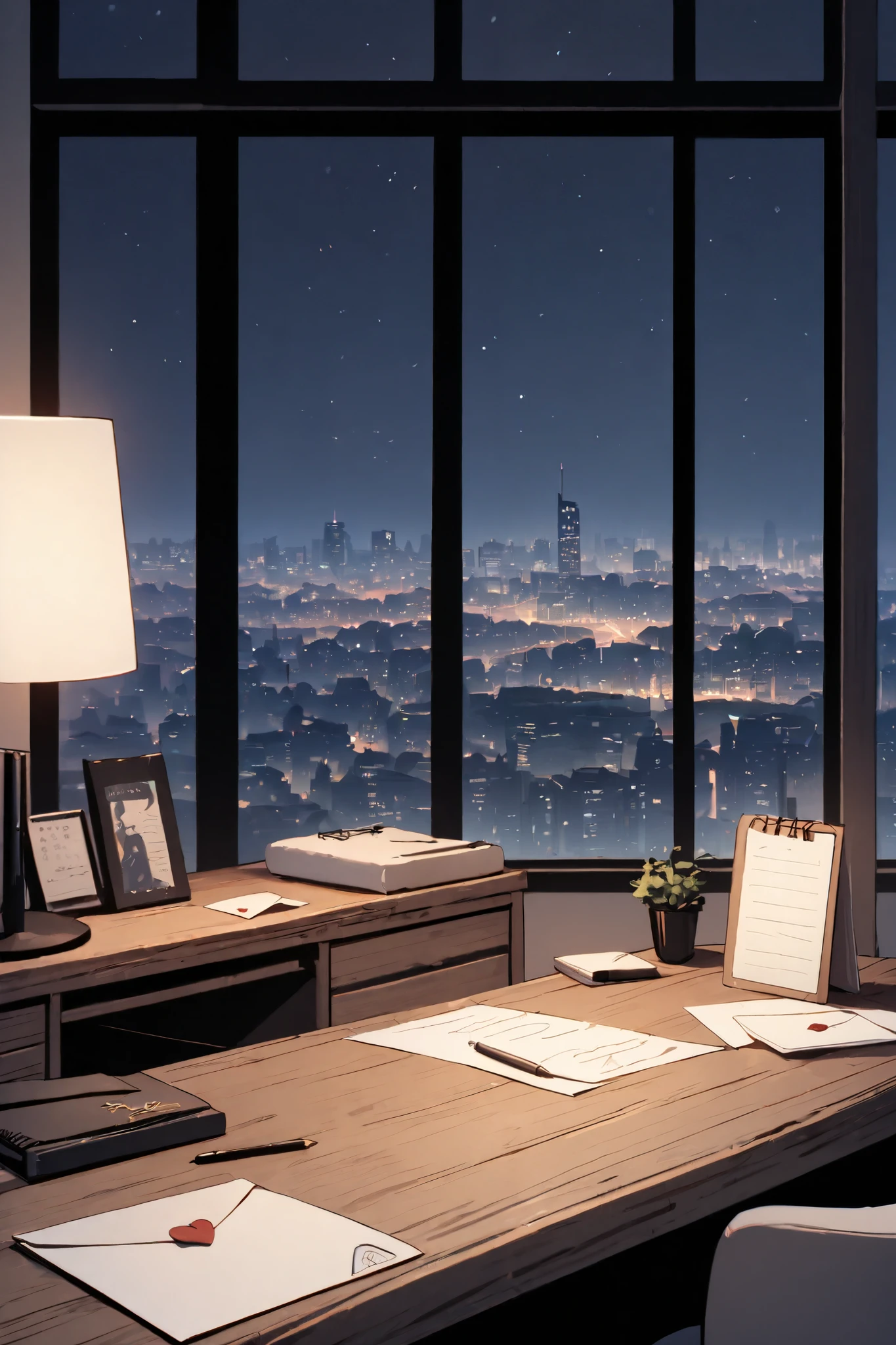 masterpiece, best quality, highest resolution, warm room, wooden desk, letter, landscape only, pencil, diary, night, lonely, city