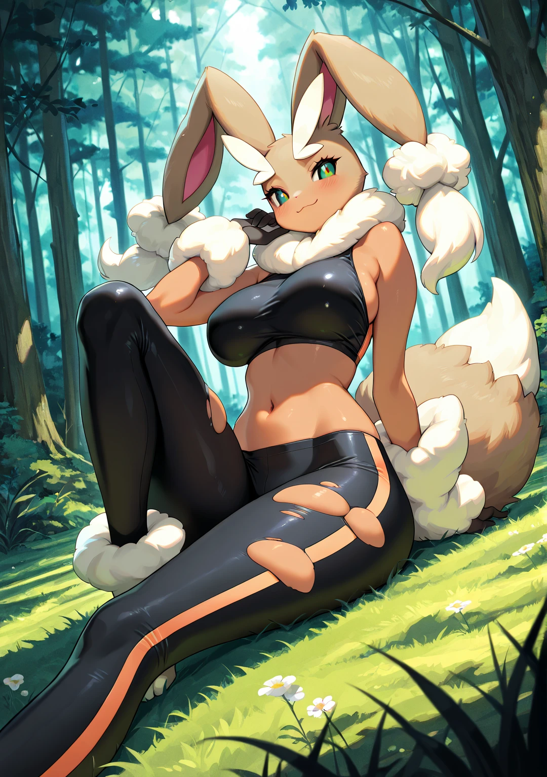 uploaded on e621, explicit content, (bastika, cutesexyrobutts, hioshiru), female, solo, fluff, fluffy ears, rabbit ears, (furry, anthro), lopunny, (medium breasts, black sports bra, black shorts), muscular female, athletic, muscular arms, glowing red eyes, mature female, tall female, long legs, wet, wet fur, shiny fur, tall, bunny tail, rabbit tail rear view, butt, big butt, from behind, backside, over the shoulder, seductive smile, seductive eyes, ((detailed and extremely fluffy body fur)), fluffy cheeks, fluffy hips, fluffy lower arms, solo, low angle, from below, perspective, foreshortening, (three-quarter) back view shot), backside, seen from behind, in knee-deep water, splashing water, water spray, splashing waves, water mist, in the sea, water spray, splashing wave, half open eyes, highly_detailed_face, symmetrical_eyes, Detailed Eyes, (by darkgem:0.3), (by reign-2004:0.6), (by dagasi:0.3), concept art, highly detailed, (hi res), masterpiece, best quality, masterpiece, best quality, cinematic composition, masterpiece, best quality, ultra realistic, 4k, (high detail:1.3), award winning photography
