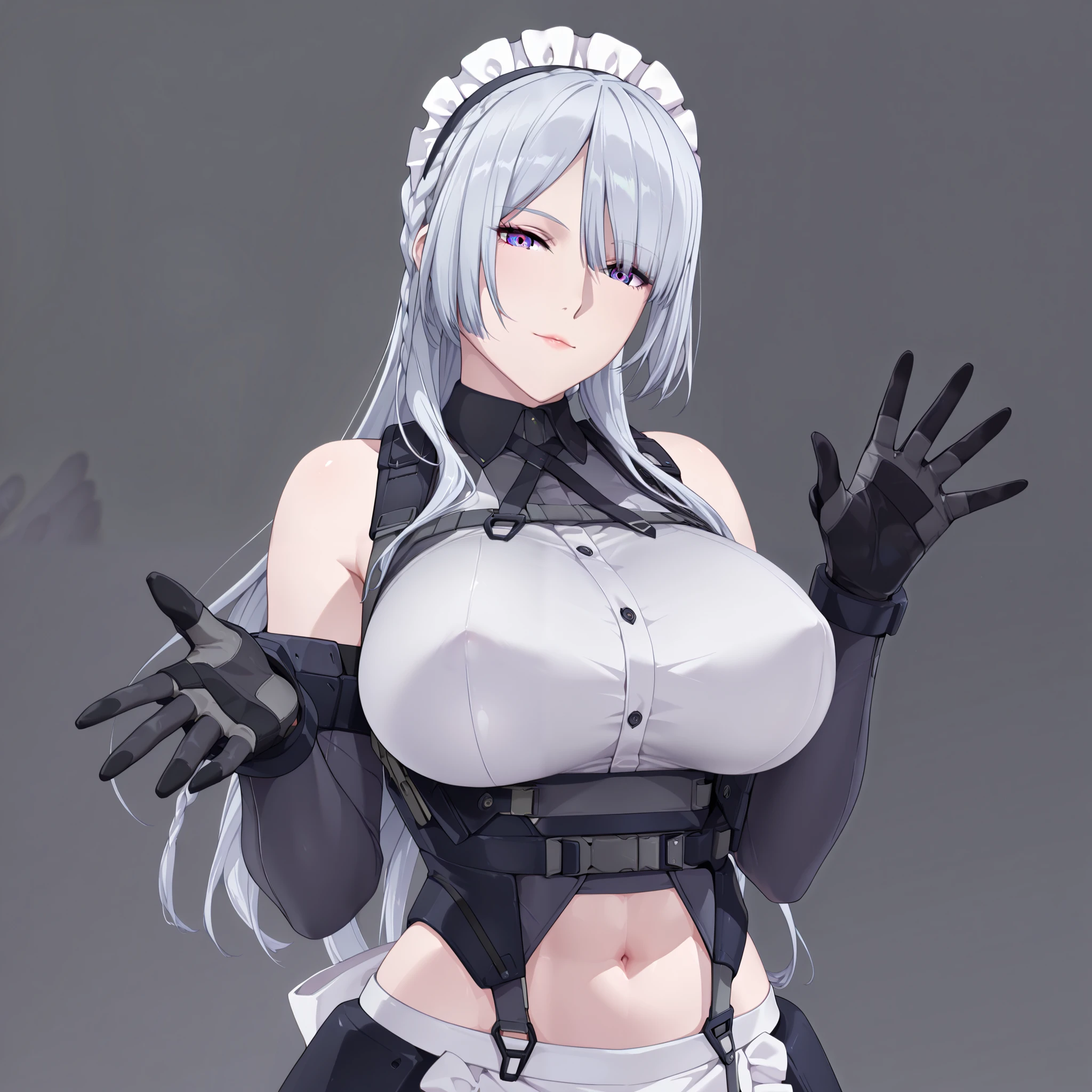 SFW, 8k, 3d , Masterpiece, very aesthetic, elegant mature woman,ak-15,1girl,solo,long hair,large breasts,shirt,gloves,navel,bare shoulders,purple eyes,braid,grey hair, maid outfit, gray static backgrounds, looking at viewer, waving hands gesture, sexy fingers,