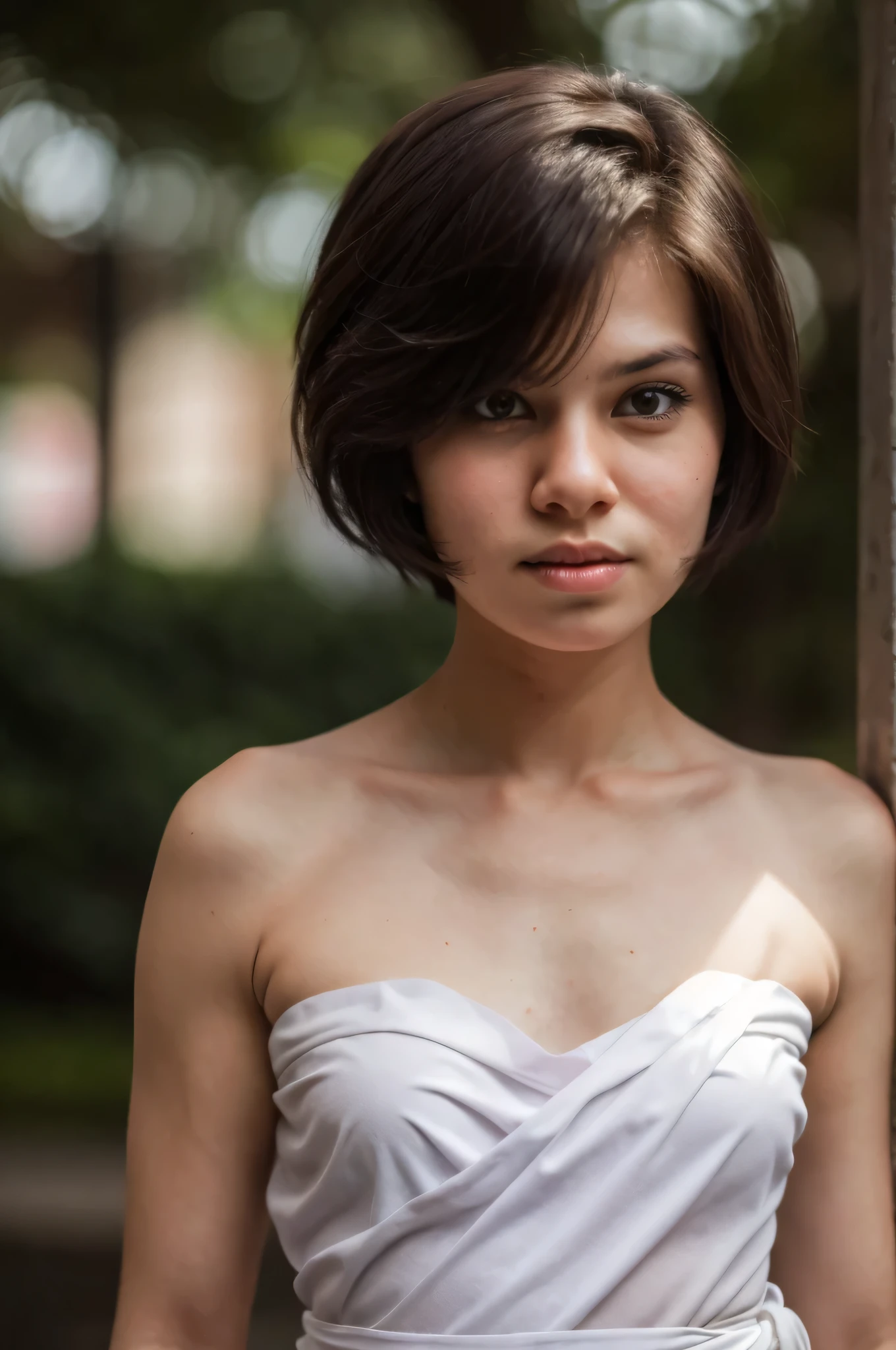 ((Femboy)), Shorthaircut Stylish, adorable, 1 femboy, (face to face), (sad face expression), half body portrait, (face details: 1), (eye details: 1), ((Tiny breasts)), Cute posed. proportional body. Ultra High Res. realistic: 1.4, UHD, (perfect sarong white strapless:1.3) (half body portrait:1.1) thong white