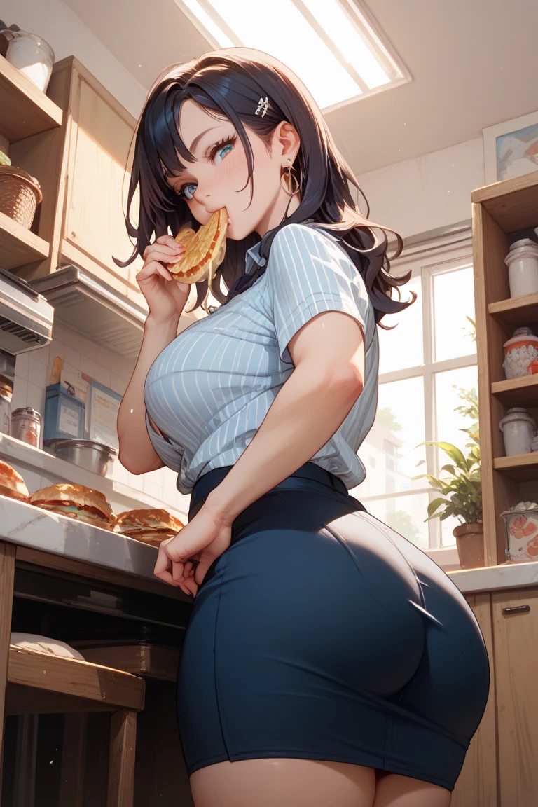 ((((1 girl)))), (loli), (Loli with a very young face), (flat chest), (13-year-old), (beautiful slender body), long hair, Black hair, blue eyelue sailor school uniform))), ((blue skirt), blue white panties, ((((horizontal striped panties)))), lift skirt with hand , massive ass, Turn around and look back, Sit on chair, grin, an evil chuckle, a mischievous smile, fart, onara, fart, farting, big fart, Fart from the ass, Farting non-stop, Yellow smoke, Yellow smoke rising, Eating Yakiniku with chopsticks, Japanese Yakiniku Restaurant, Crowded, ((Blurry background with deep yellow fog))
