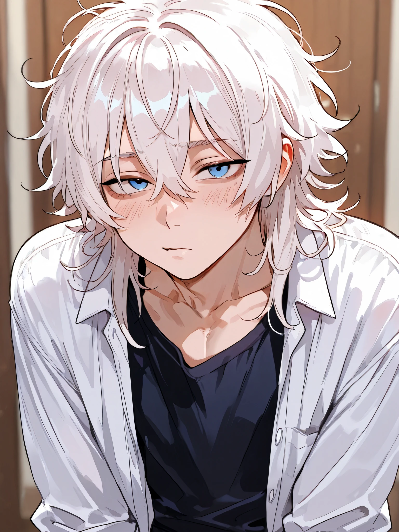1boy, femboy, messy boy hair, white hair, blue eyes