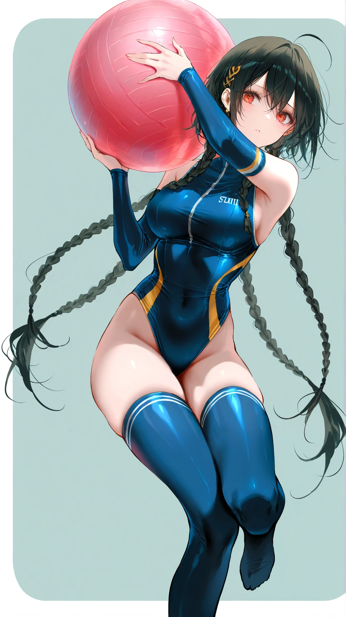 hick hips, thick thighs, barefoot, high cut leotard, huge breast, thin waist, pigtails hair, tanned skin, angry look, scream, thick body, tight stockings, cyberpunk, spread legs, lying down, arms tied behind her back,