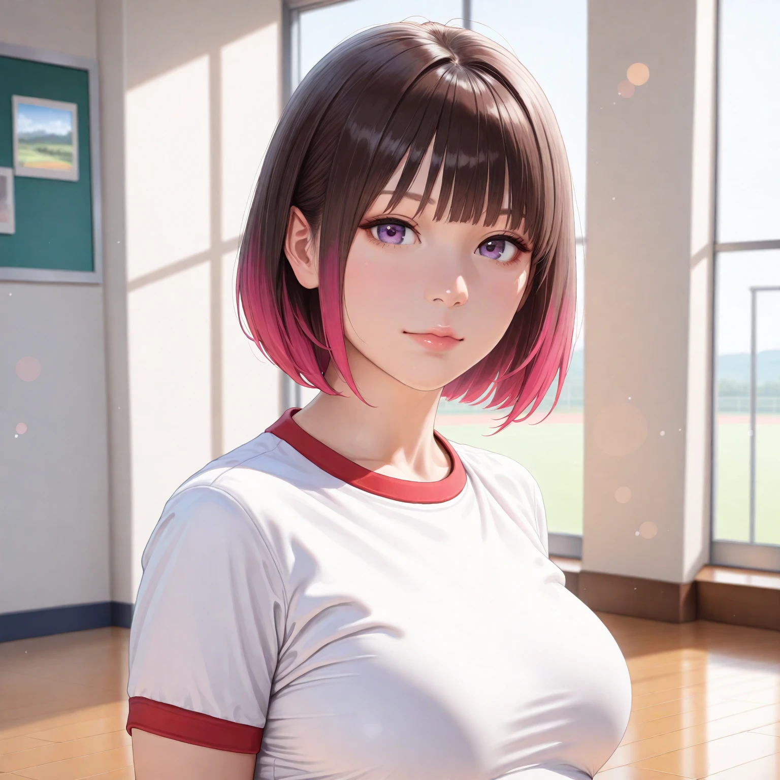 (Best quality:1.1), (Masterpiece:1.2), 5 girls,track suit,are standing,Highqualityshadow, Beautiful detailed, Beautiful face, Detailed eyes,Depth of field, big laughter,A high resolution, Best shadow, Best illumination, Kizi, view the viewer, (Five-color hair:1.3),Brush cut,extra very short hair, Blunt bangs, Long hair, Black eyes, Shy, Large breasts, Miniskirt, Volleyball hall,inside in room,Exercise posture, Sunburn,Boo marker,cleavage,looks into camera,ssmile,closeup cleavage,Superskirt
