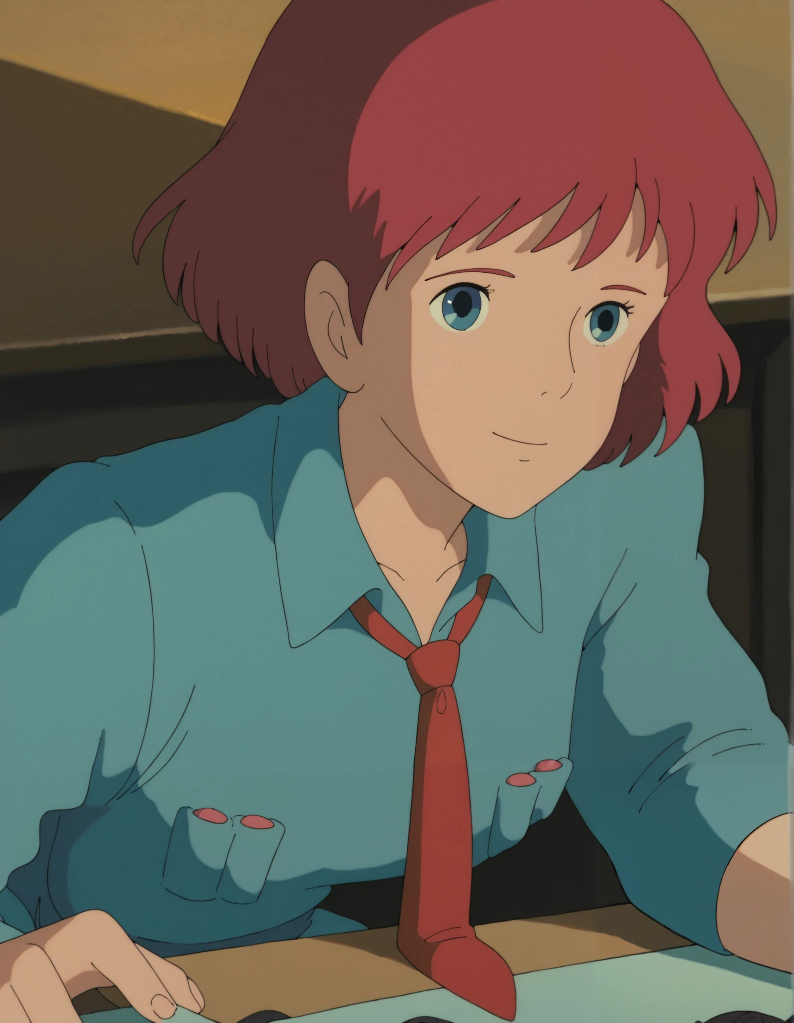 Cute woman sitting at desk, I'm wearing a small tie and name plate. I have blue eyes , Minimalist design with soft lighting {x} looking at the computer screen with interest. The modern office is clean, small tie and ID badge. Her hair is well-groomed, its little hand is placed on the keyboard. Highly Detailed Costume, photorealistic,