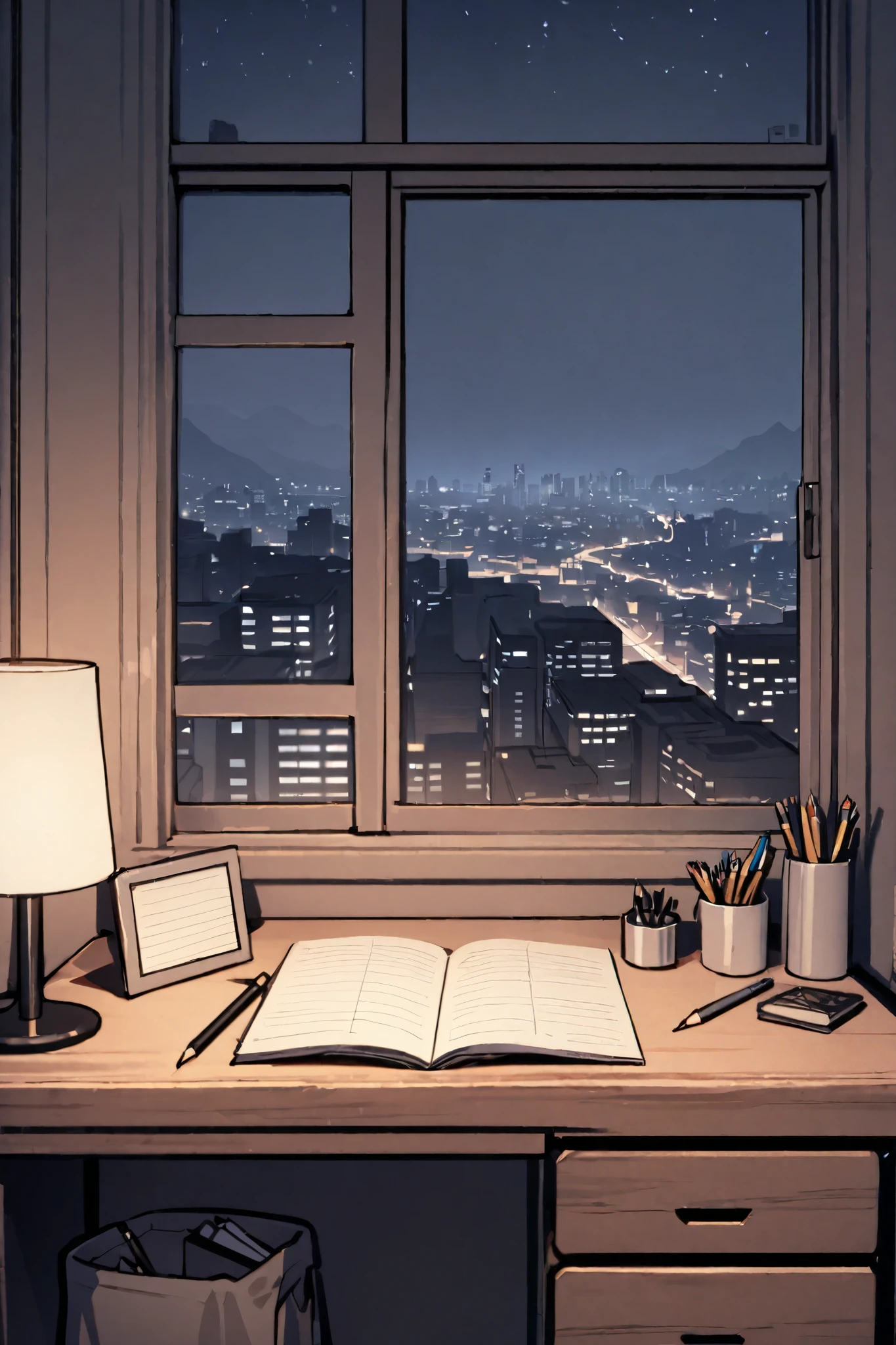 masterpiece, best quality, highest resolution, warm room, wooden desk, landscape only, pencil, {{diary}}, night, city, no people