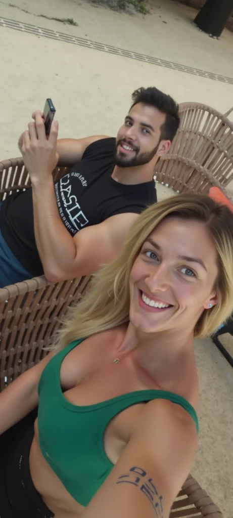 They are on the beach with a man and a woman, posando em uma praia com o oceano, bursting with muscles, posando na praia, Posar e flexionar, malhar no campo, na praia, O oceano ao fundo, vacation photo, na praia, flexing large muscles, with arms up, sables cruzados em segundo plano