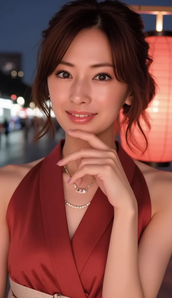 Tabletop,,Award-winning photo, Very detailed, Sharp focus on the eyes, Nose and mouth,Face Focus, Woman with open mouth and closed eyes, Red camisole、Age 35,Black-haired、Symmetrical face,Realistic nostrils、Angle from below、Elongated C-shaped nostrils,,,,,,,,,,,,,,,,,,,Browsing Caution,Italy、restaurant,Outdoor table,Sweaty skin、Lighting that accentuates skin that shines with sweat、((Nose hook))Skin shiny with sweat、Glowing Skin、Sweaty hair,Beautiful Japan actress,smile,((winking expression))