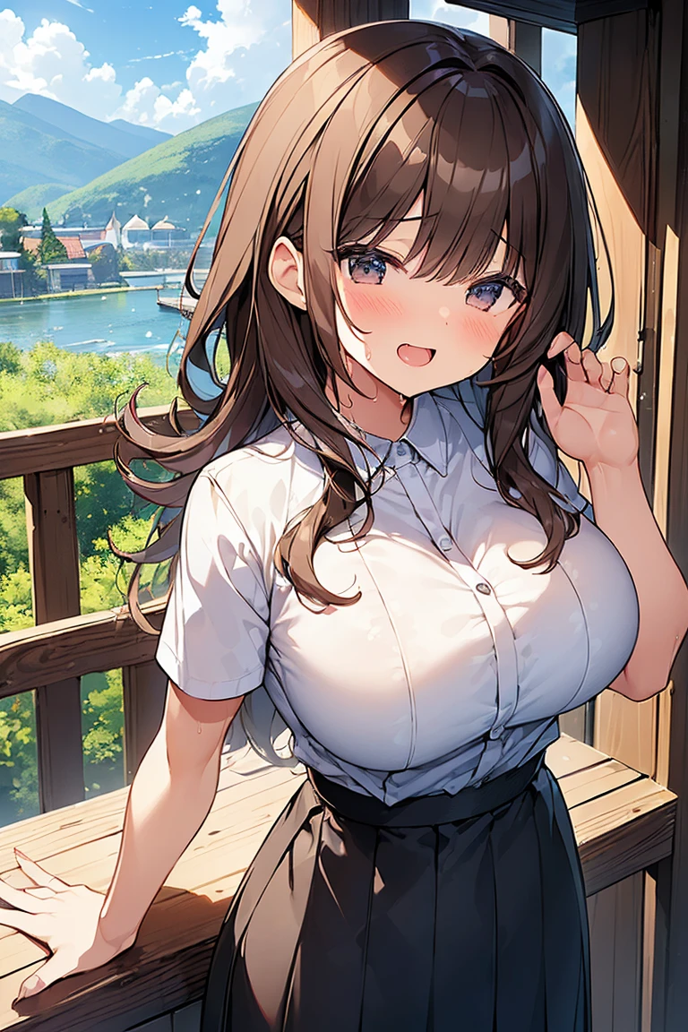 (Masterpiece, Top quality: 1.5) (1 girl, solo :1.2),  (large breasts:1.4), (cleavage:1.3), (short sleeve  polo shirt, Pleated skirt:1.4), standard weight, ( brown hair:1.4), (airy hair, wavy hair:1.3), long hair ,asymmetry bangs, swept bangs, junior high school student, angry:1.2, (flustered:1.4), beautiful scene of outdoor , dynamic pose, magnificent panorama view, sitting on the chair