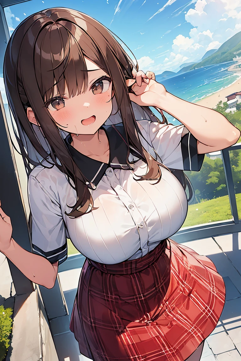 (masterpiece, best quality:1.2), 1girl, solo,yunyun, braid, huge breasts, brown hair, twintails, red eyes, white shirt, collared shirt, skirt