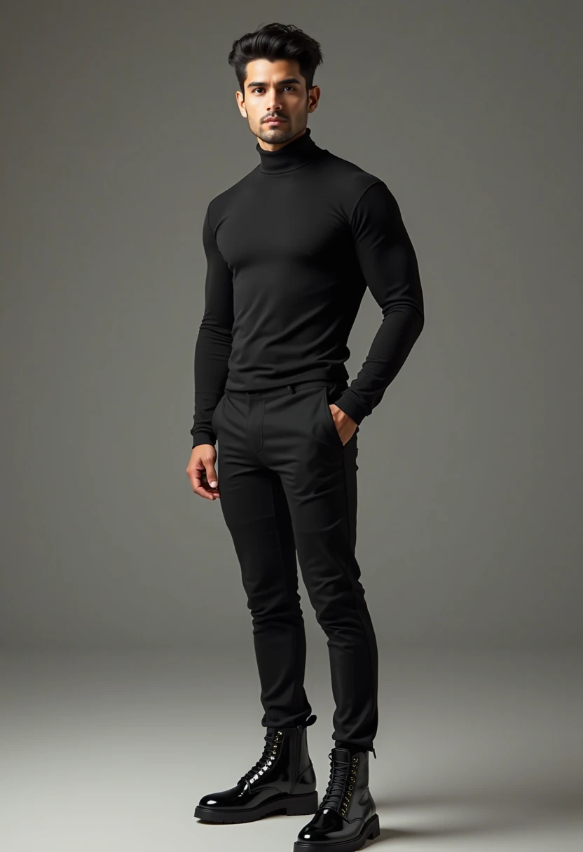 Best image quality, Ultra-high resolution, photograph,1 male,Muscular,Long legs,Black long sleeve high neck compression shirt,Black long tights,White socks that come down to mid-calf,White sneakers,Double Vice Eps
