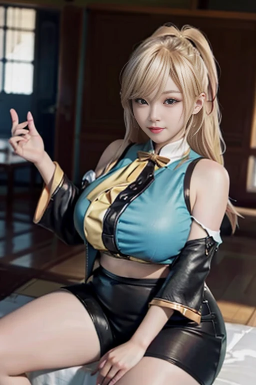 Dead or Alive Marie Rose, blue eyes, golden hair, twin tails, slim, cleavage, white shiny skin, smile, detailed skin, muscles, abs, black underwear, knee socks, elongated legs, black maid figure, open legs, seductive pose, big eyes, long eyelashes, garter belt, round face, professional lighting, seduction, constriction, biting