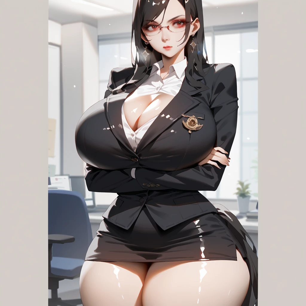 masterpiece, best quality, black hair , mobster, long hair, green eyes, big breasts, in a tight striped suit black, sexy look, perfect face, in an office, tanned skin, with tattoos.
