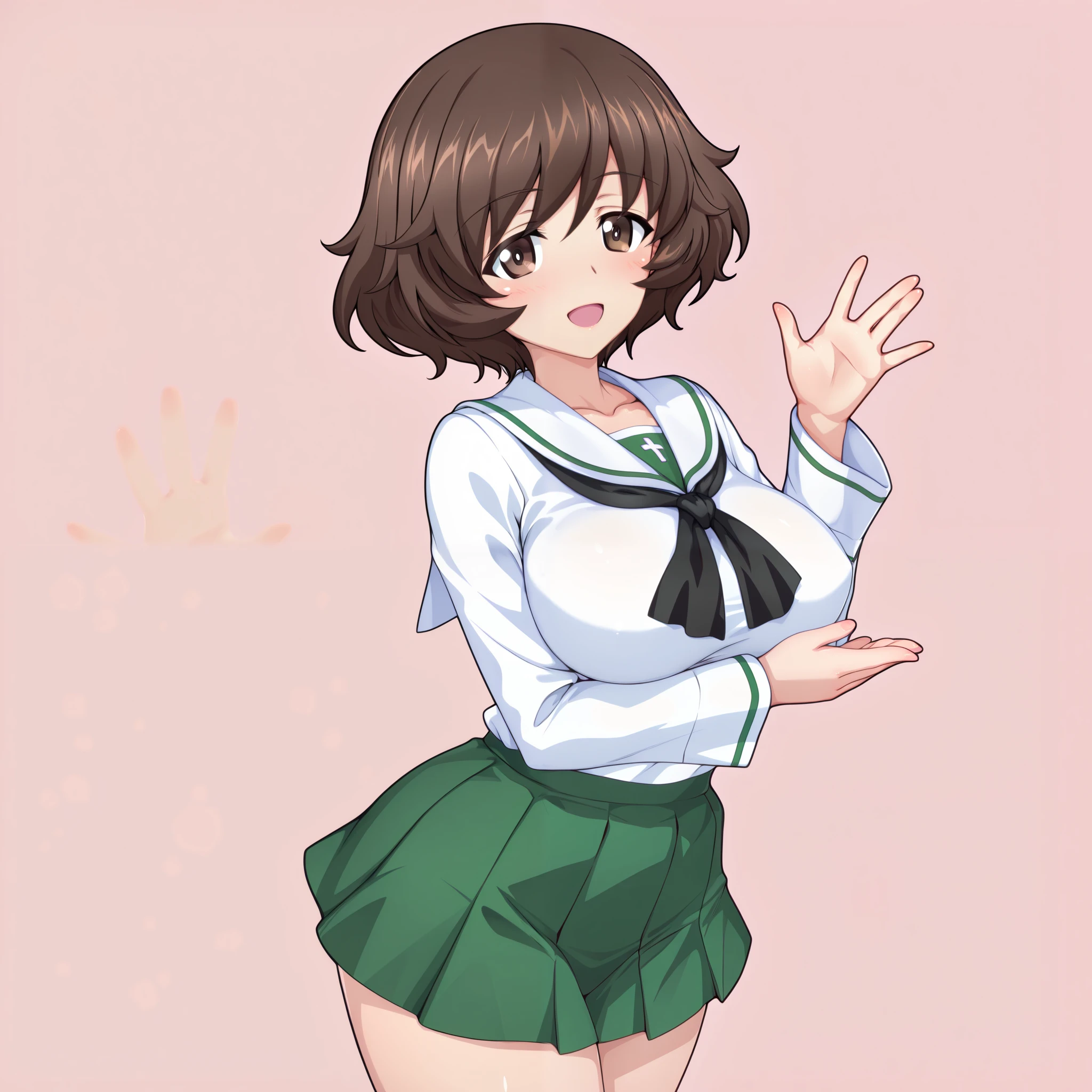 SFW, 8k, 3d , Masterpiece, very aesthetic, elegant mature woman, Akiyama Yukari (girl und panzer), oarai school uniform (white), concreate static backgrounds, looking at viewer, waving hands gesture, sexy fingers, 