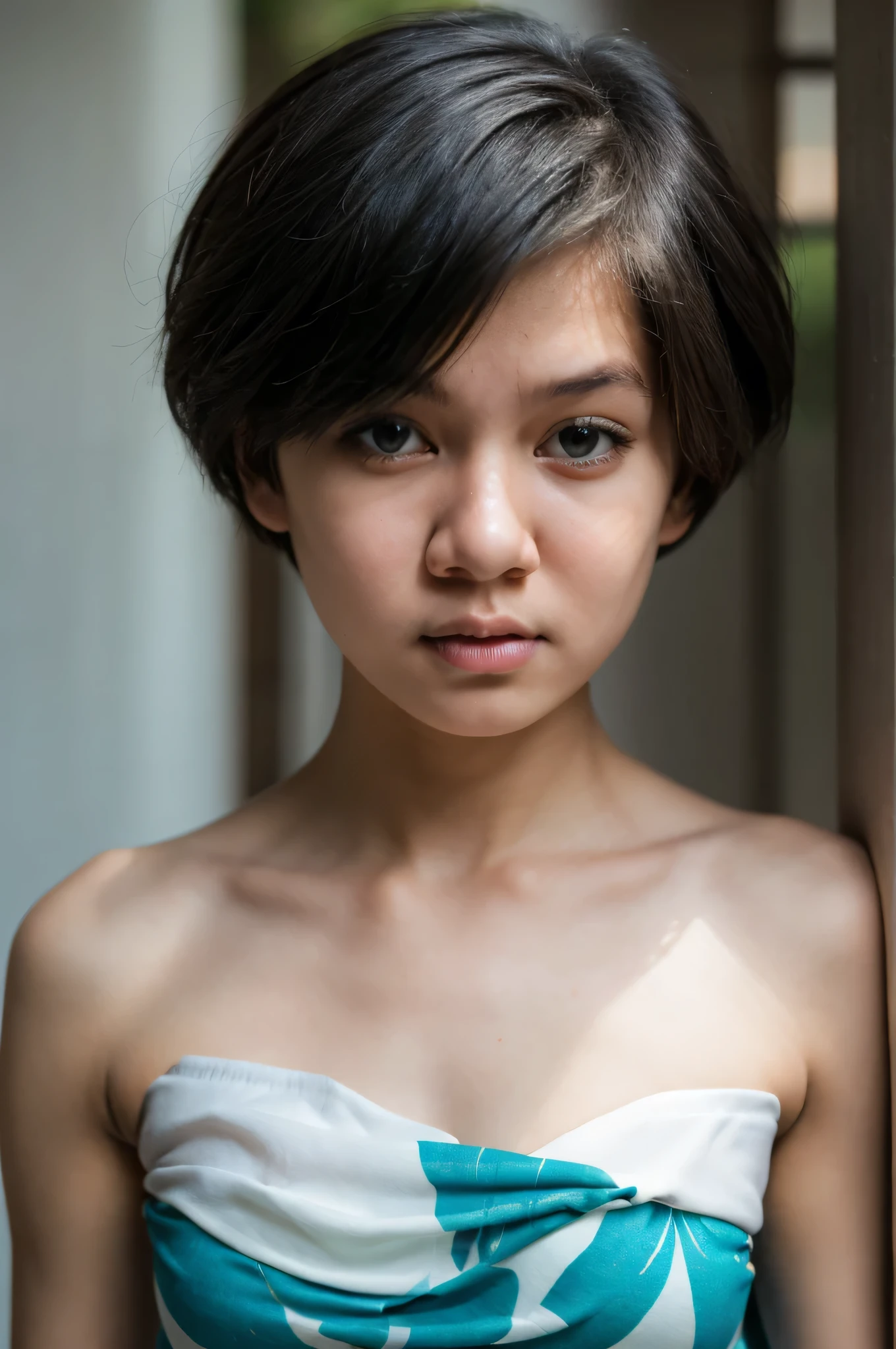 ((Femboy)), Shorthaircut Stylish, adorable, 1 femboy, (face to face), (sad face expression), half body portrait, (face details: 1), (eye details: 1), ((Tiny breasts)), Cute posed. proportional body. Ultra High Res. realistic: 1.4, UHD, (perfect sarong white strapless:1.3) (half body portrait:1.1) thong G-string white 