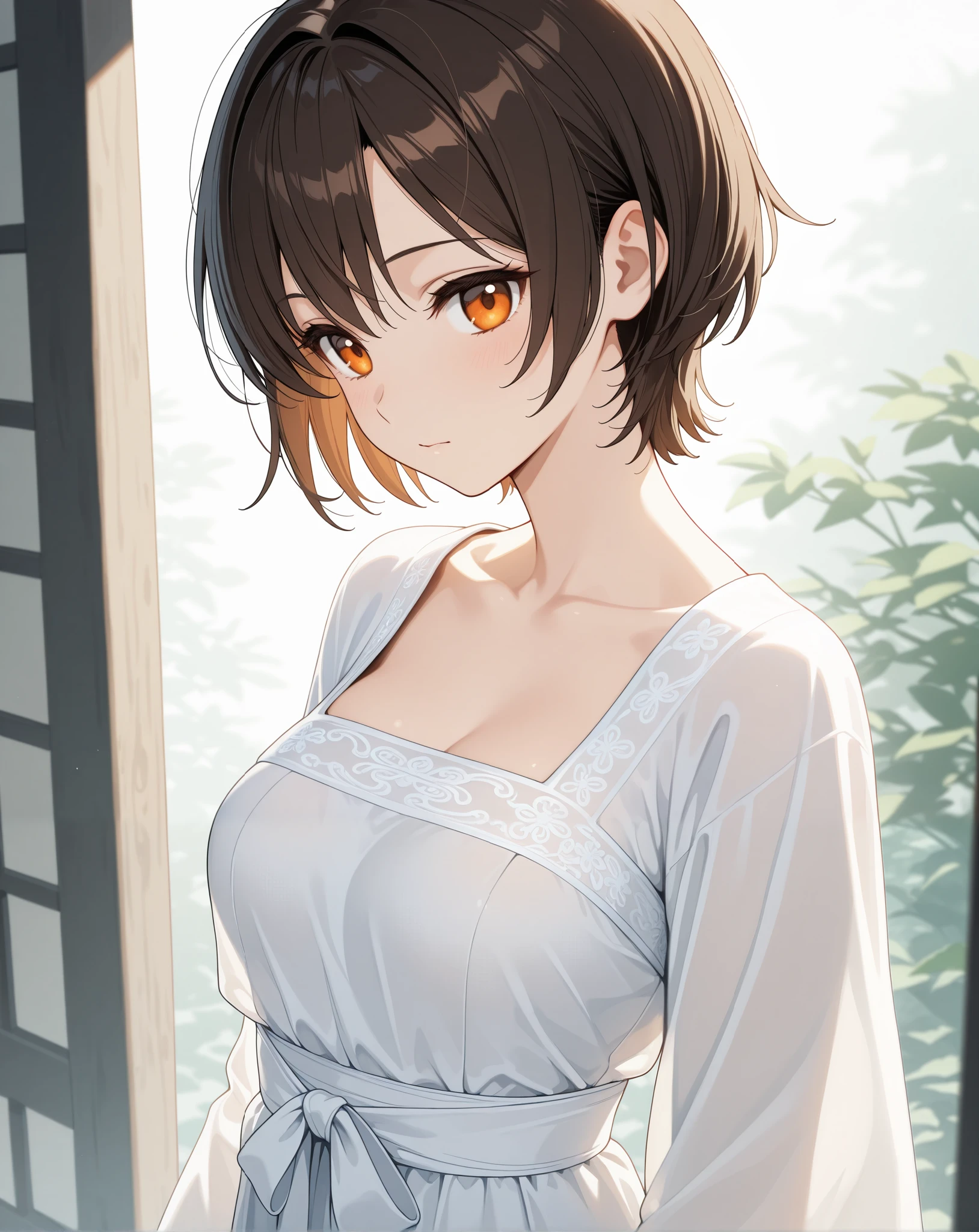 (((masterpiece, best quality, ultra highres, 1 girl, solo, no background))), super detailed skin and face and eyes and finger, beautiful japanese woman, small breasts:1.5, skinny, light brown hair, very short pixie hair, cowboy shot, The background should be simple, outline, anime, 2d, boyish, expressionless, cartoon, dancer,
