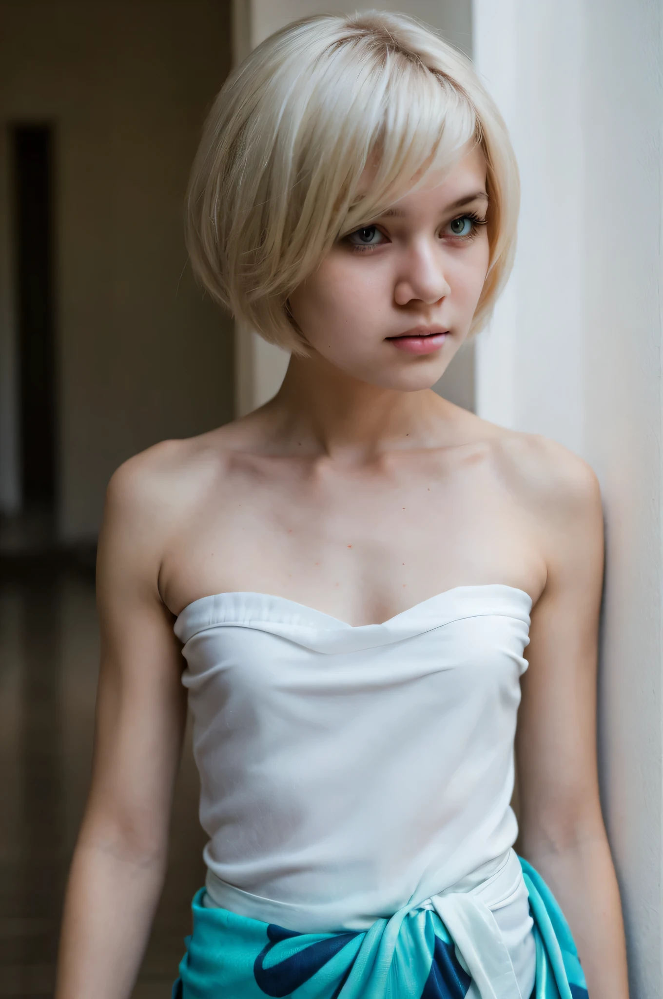 ((Femboy)), Shorthaircut Stylish, adorable, 1 femboy, (face to face), (sad face expression), half body portrait, (face details: 1), (eye details: 1), ((Tiny breasts)), Cute posed. proportional body. Ultra High Res. realistic: 1.4, UHD, (perfect sarong white strapless:1.3) (half body portrait:1.1) thong G-string white