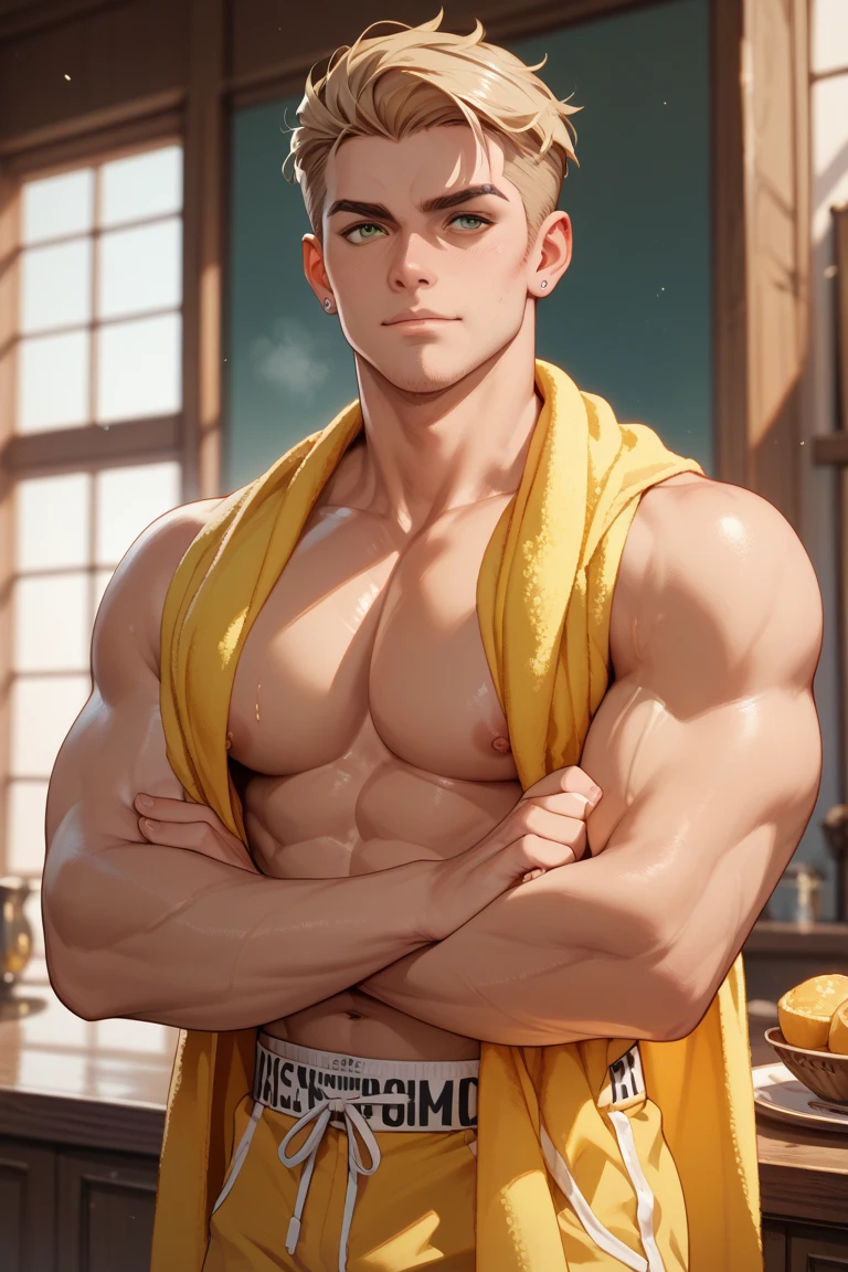(8K, RAW photos, Highest quality) masterpiece, 1 male, 18 years old, bee man, black hair, good body, has skin like a bee, black and yellow striped skin. Body covered in honey. has bee antennae on the head, has bee wings. ,Asian muscular man, outlines his big, muscular breasts, sexy six pack. Show the whole body, naked ((genitals covered with a yellow scarf) (. sitting , in a pile of honeycomb.