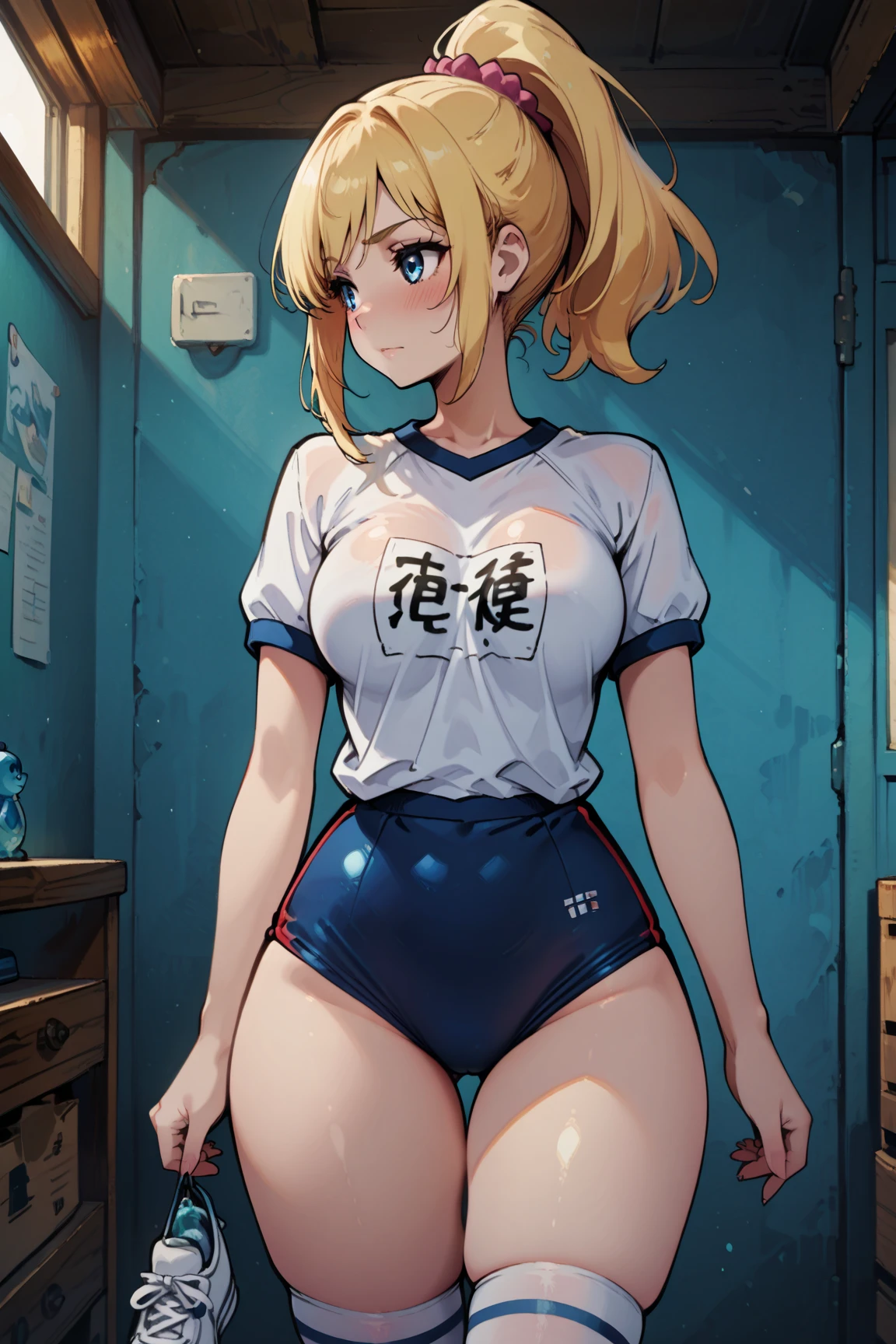 (masterpiece, best quality) detailed, silver accessories , Blonde ,elegant, Pointed ears ，White short top, sports Shorts，big breasts