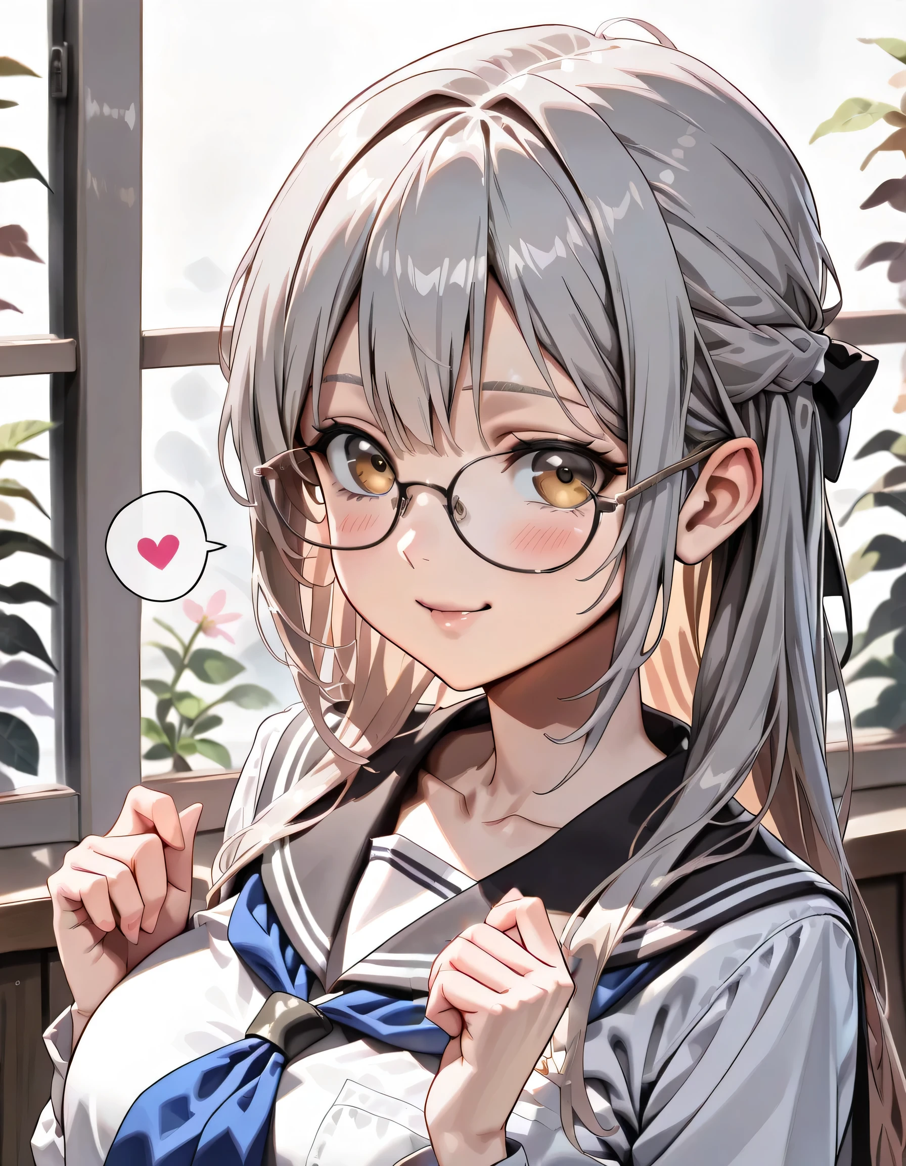 ((ultra-detailed)), (highly detailed CG illustration), (best quality:1.2), ultra-highly detailed, colorful composition, artistic photoshoot, 1girl, solo focus, ((upper body:1.4)), moe anime character, age girl, dainty facial structure, (baby face), (round face), ((rounded chin:1.2)), celia-default, celia claire, blue eyes, ((wearing glasses:1.4)), ((round eyewear:1.4)), ((silver hair color)), long hair, ((half updo)), ample breasts, school uniform, sailor suit, traditional Japanese style with navy blue and white colors, :q, licking lips, one eye closed, ((smile)), ((blush:1.4)), ((looking viewer)), ((spoken Heart:1.4)), ((pink heart background)), from front, best quality, masterpiece, expecting, pink cheek, blush, light pink gloss slip, portrait, depth of field, soft lighting, sidelighting, (shine), lighting, caustics, ray tracing, smile, perfect face, lustrous skin, highly detailed face, highly detailed eyes, perfect face, perfect nose, perfect hair, perfect eyes, perfect anatomy, beautiful hair, beautiful small face, extremely detailed face, beautiful detailed eyes, beautiful clavicle, beautiful body, beautiful ample breasts, leavage, breasts squeezed together, equalize the size of the left and right breasts, beautiful thin thighs, beautiful legs, beautiful fingers, ((4 fingers)), 1 thumb, lovely, (very detailed background:1.0), (highly detailed background:1.0), spring aesthetic, intricate details, joyful atmosphere, spring colors palette, chromatic aberration