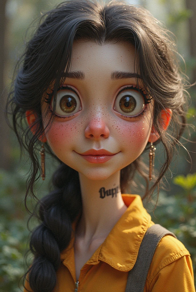 She is a teenager about 

who is wearing a short, tight, ugly and yellow shirt. She also wore a faded brown hat with red hair braided on both sides. The little girl's face was white and thin and had freckles. She had a big mouth and
her big eyes were sometimes green in front of the light and sometimes gray.
This girl has a meaningful and sharp chin, her big eyes are full of joy and vitality. She has sweet and expressive lips and a high forehead.
realistic photo