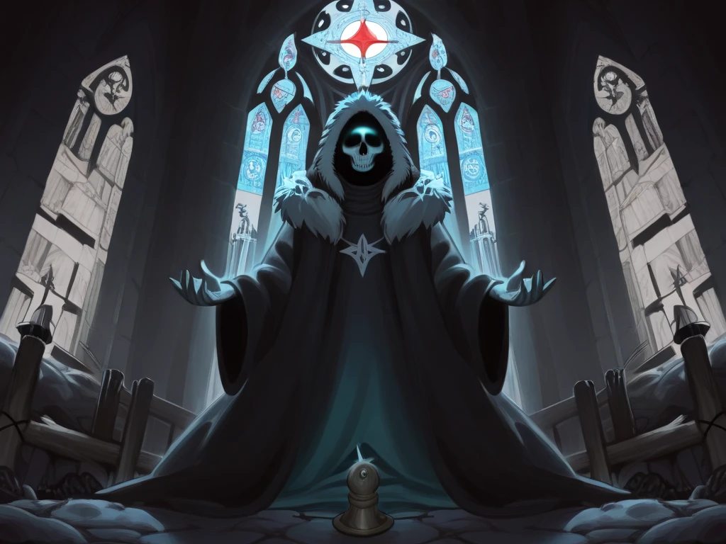 Fascinating anime-style image depicting a parka, death itself, with a dark robe that covers its entire body, leaving only its face uncovered, which would be like that of a demon, next to it its scythe, with a wooden handle and silver tip ready to collect souls, next to the parka the initials RSH in graffiti style in aqua blue, which the parka would guard as if it were its most precious treasure, in the background bats come out of its castle, which would be a black cathedral with long windows and a harmonious balance of negative space, making the initials RSH and the parka complement each other, the participation of the initials RSH being more noticeable.